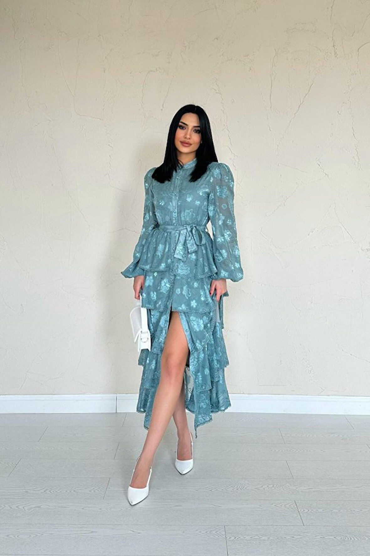Yonca Moda Evi Mint Valonlu Şeritli Kat Kat Elbise