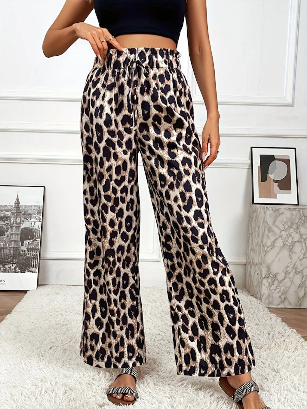 Yonca Moda Evi Kadın Yüksek Bel Beli Lastikli Bağcıklı Leopar Desenli Süprem Pantolon