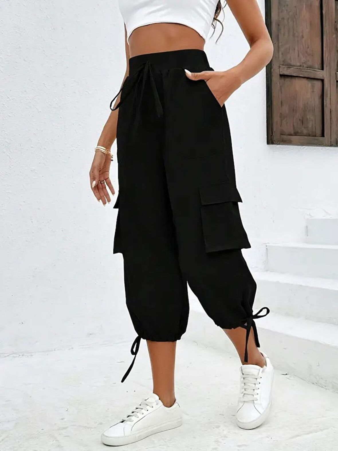 Yonca Moda Evi Kadın Yüksek Bel Beli Lastikli Bağcıklı Cepli Kargo Viskon Iki Iplik Pantolon