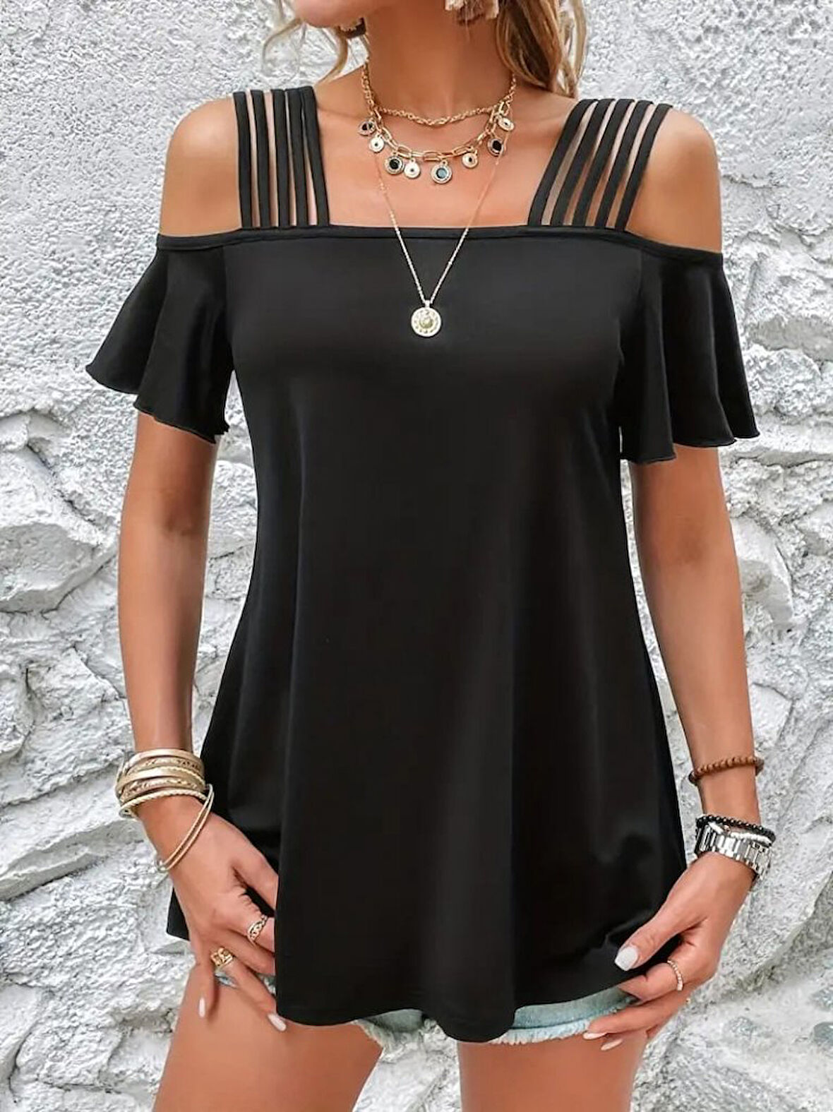 Yonca Moda Evi Kadın Kısa Kollu Beş Askılı Viskon Bluz