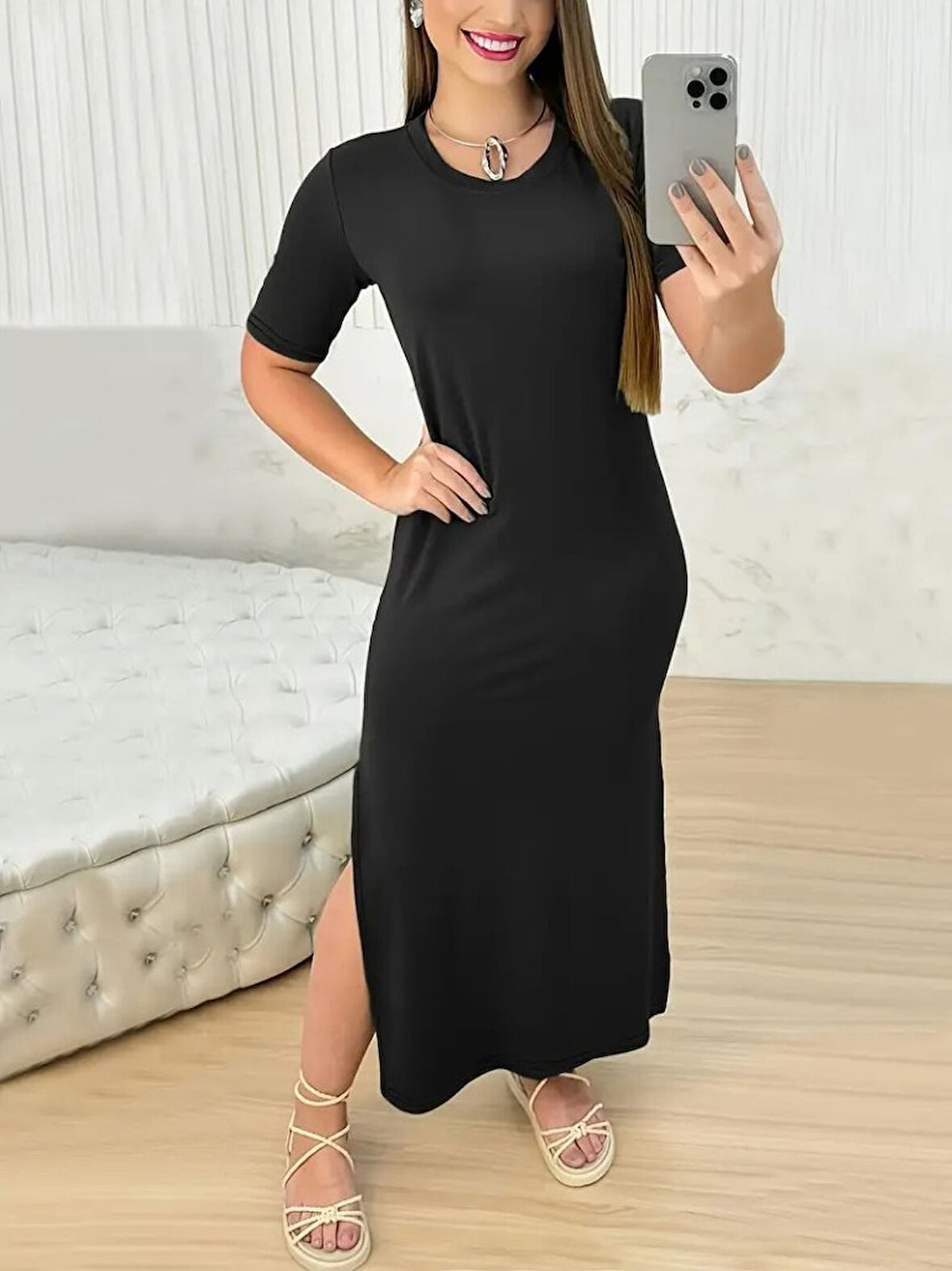 Yonca Moda Evi Kadın Kısa Kollu Bisiklet Yaka Yandan Yırtmaçlı Viskon Elbise