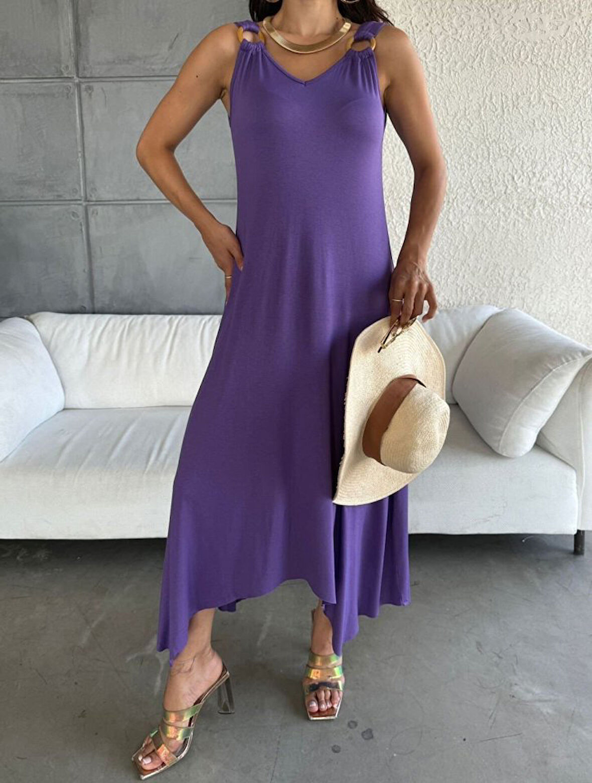 Yonca Moda Evi Kadın çan Dokuma Kumaş V Yaka Asimetrik Kesim Elbise