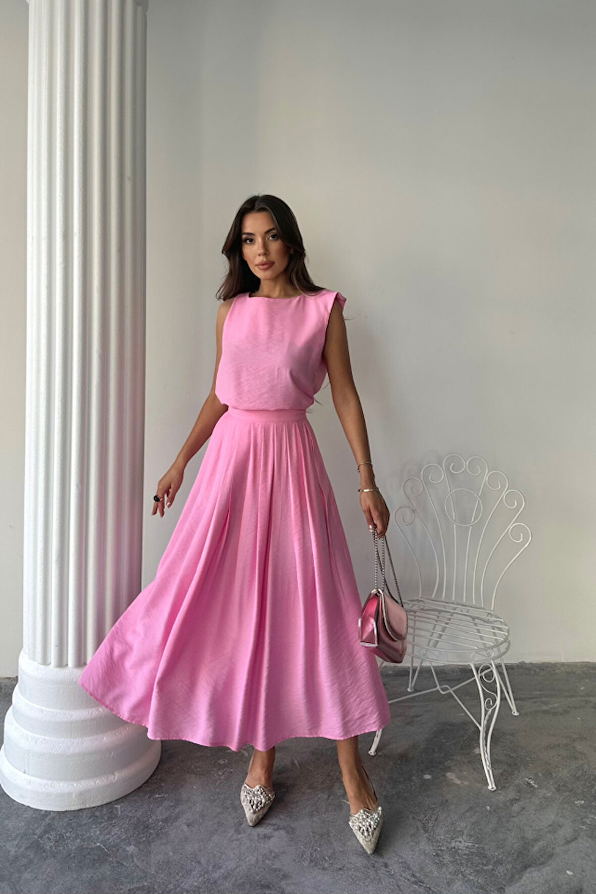 Yonca Moda Evi KETEN KOLSUZ BLUZ - MAXİ ETEK TAKIM - Pembe