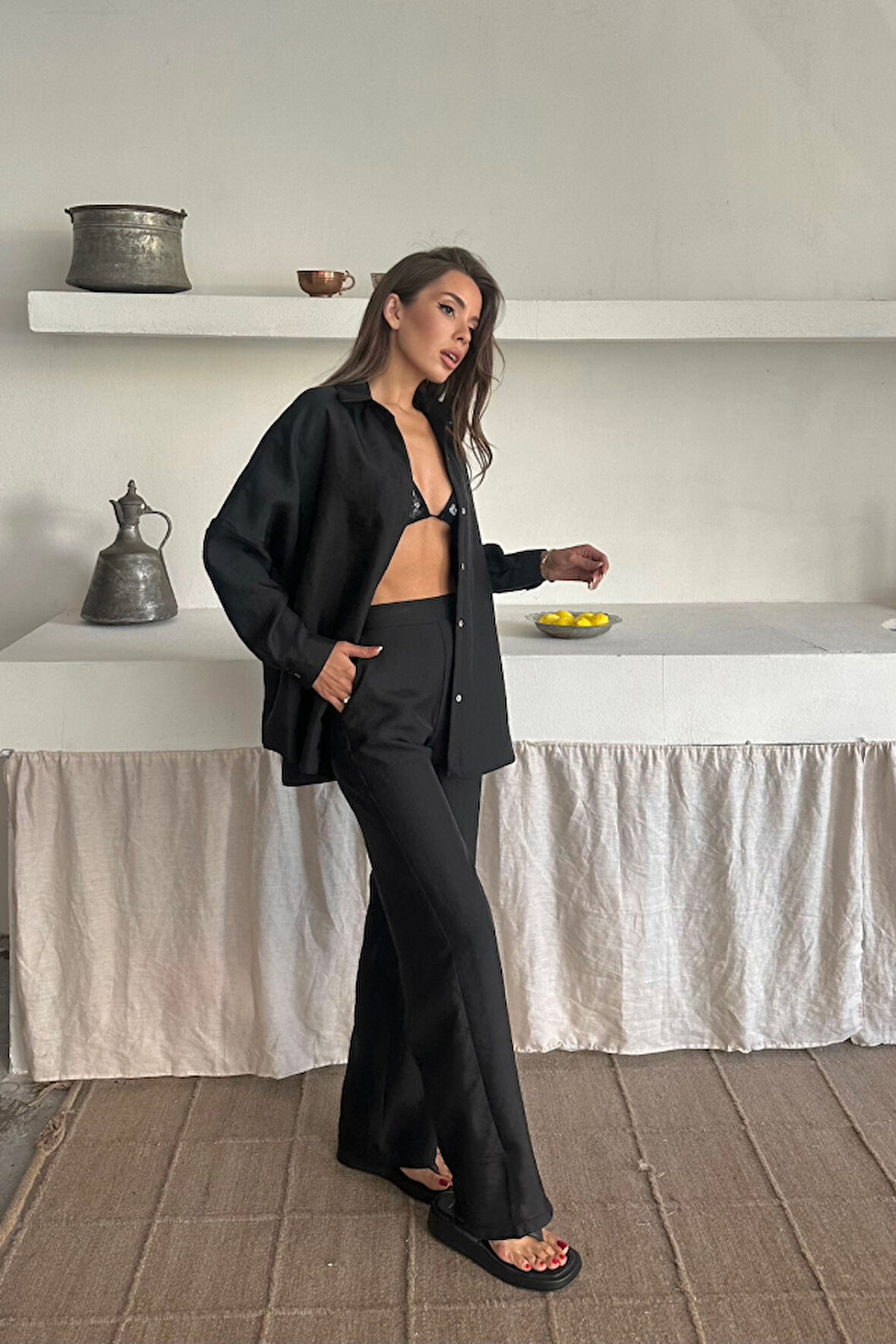 Yonca Moda Evi GÖMLEK-PANTOLON TAKIM CUPRA KUMAŞ - Siyah