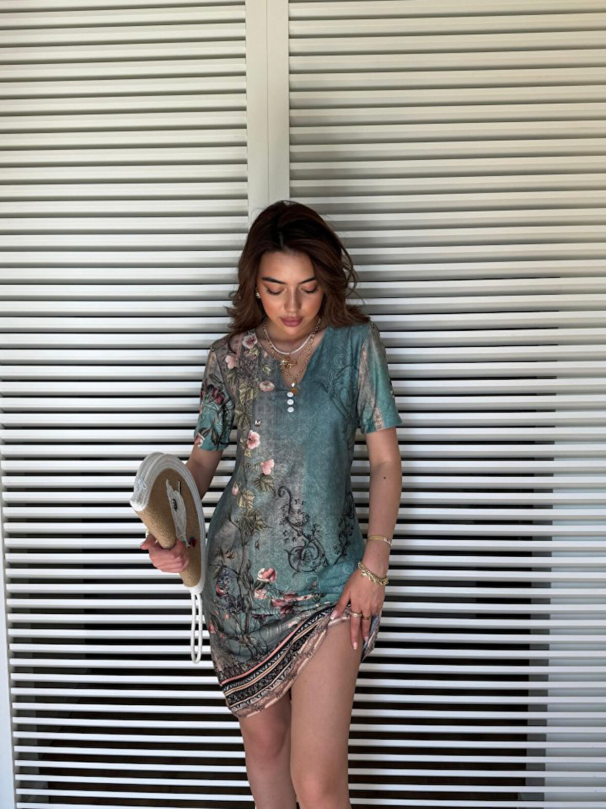 Yonca Moda Evi Kadın Kısa Kollu V Yakalı çiçek Baskılı Midi Süprem Elbise