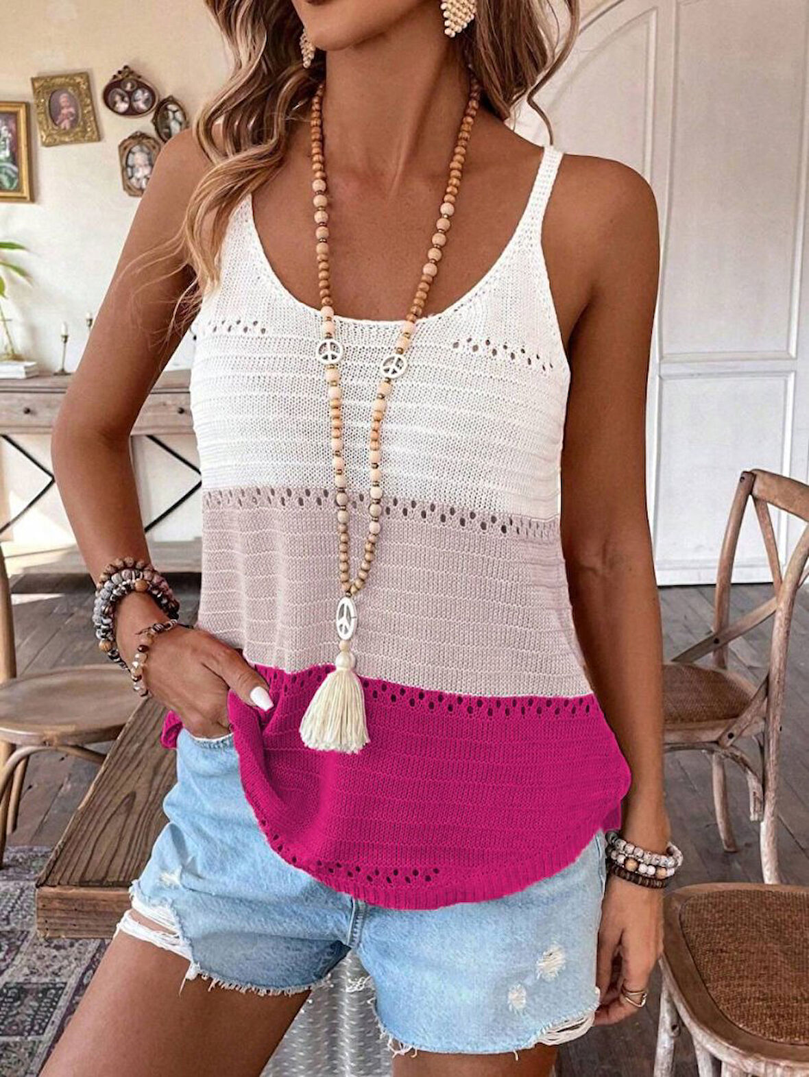 Yonca Moda Evi Kadın Askılı Yuvarlak Yaka çift Renkli Triko Bluz