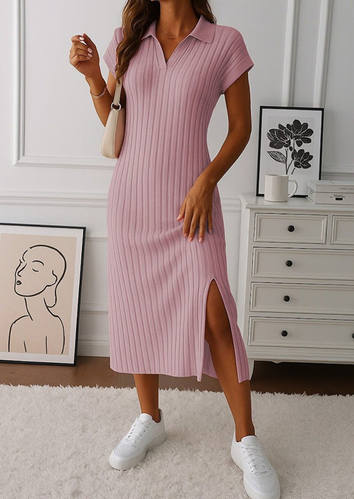 Yonca Moda Evi Kadın Kısa Kollu Yakalı Yandan Yırtmaçlı Kalın Fitilli Kaşkorse Elbise