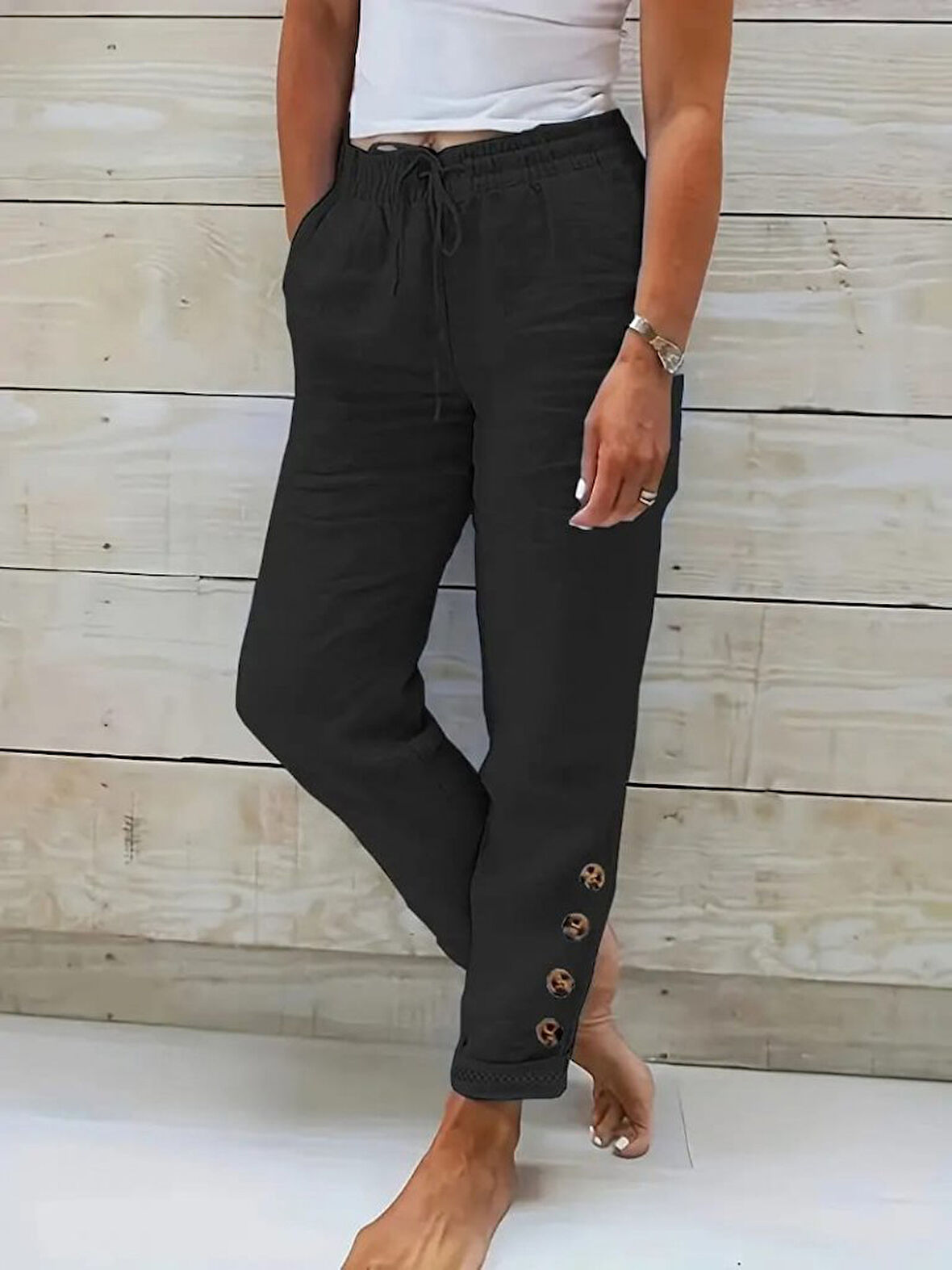 Yonca Moda Evi Kadın Yüksek Bel Lastikli Yandan Düğmeli Ithal Keten Pantolon