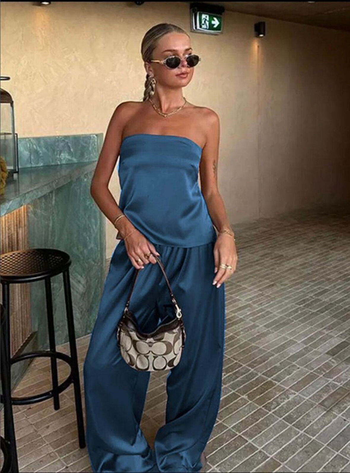 Yonca Moda Evi Kadın Likralı Saten Kumaş Straplez Bağlamalı Ikili Takım