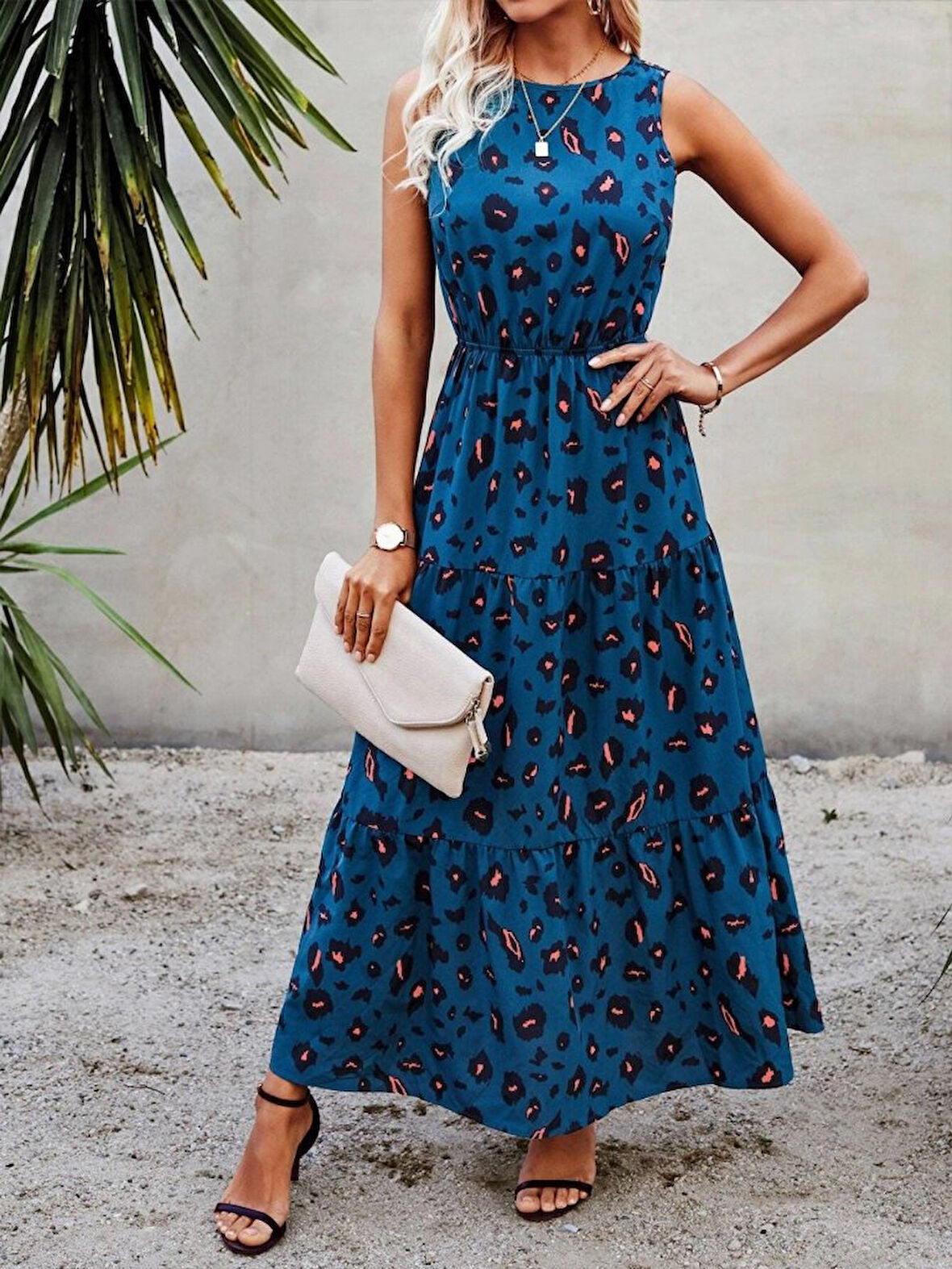 Yonca Moda Evi Kadın Kolsuz Bisiklet Yaka Beli Lastikli Desenli Süprem Elbise