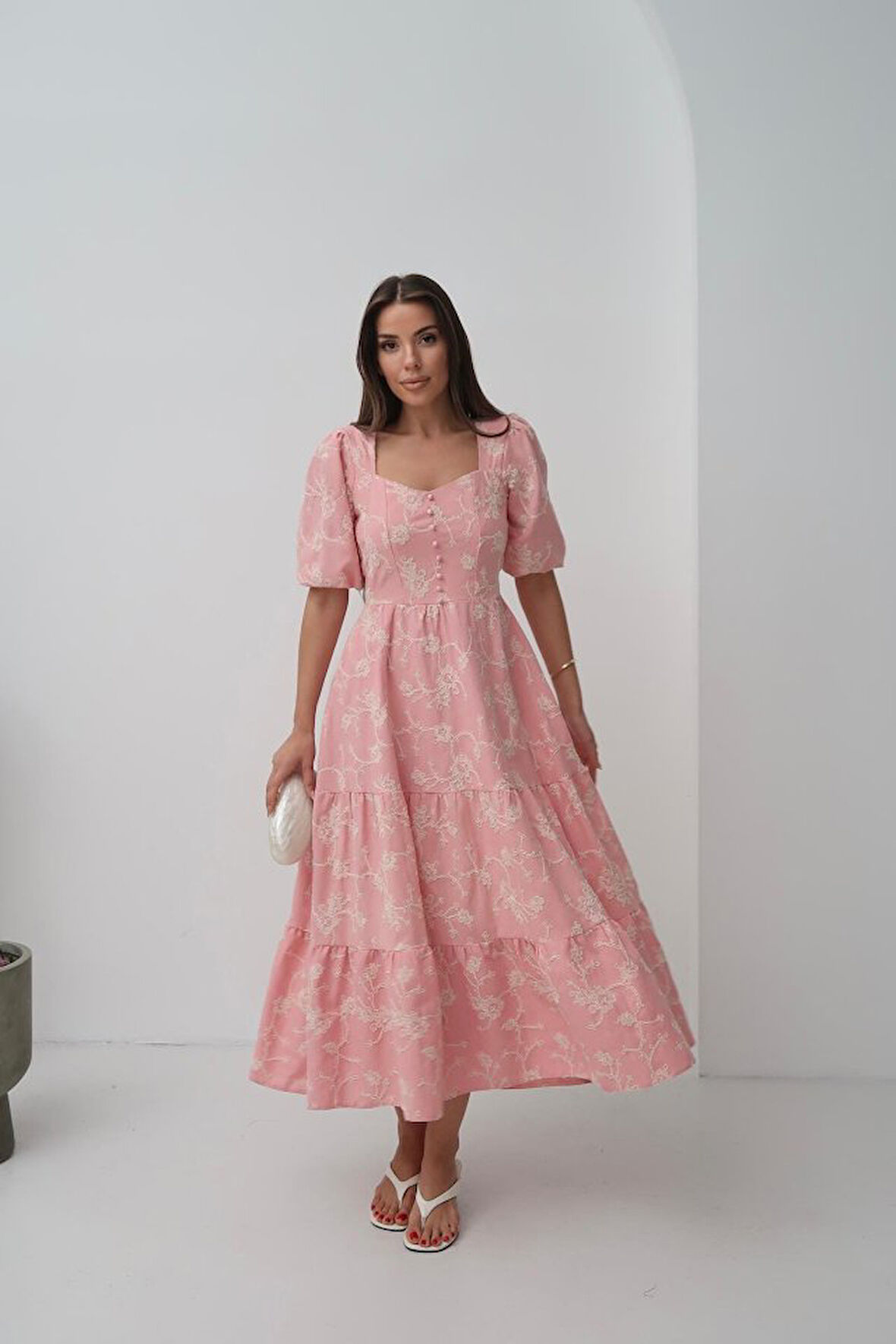 Yonca Moda Evi Pembe Süs Düğmeli Balon Kollu Elbise