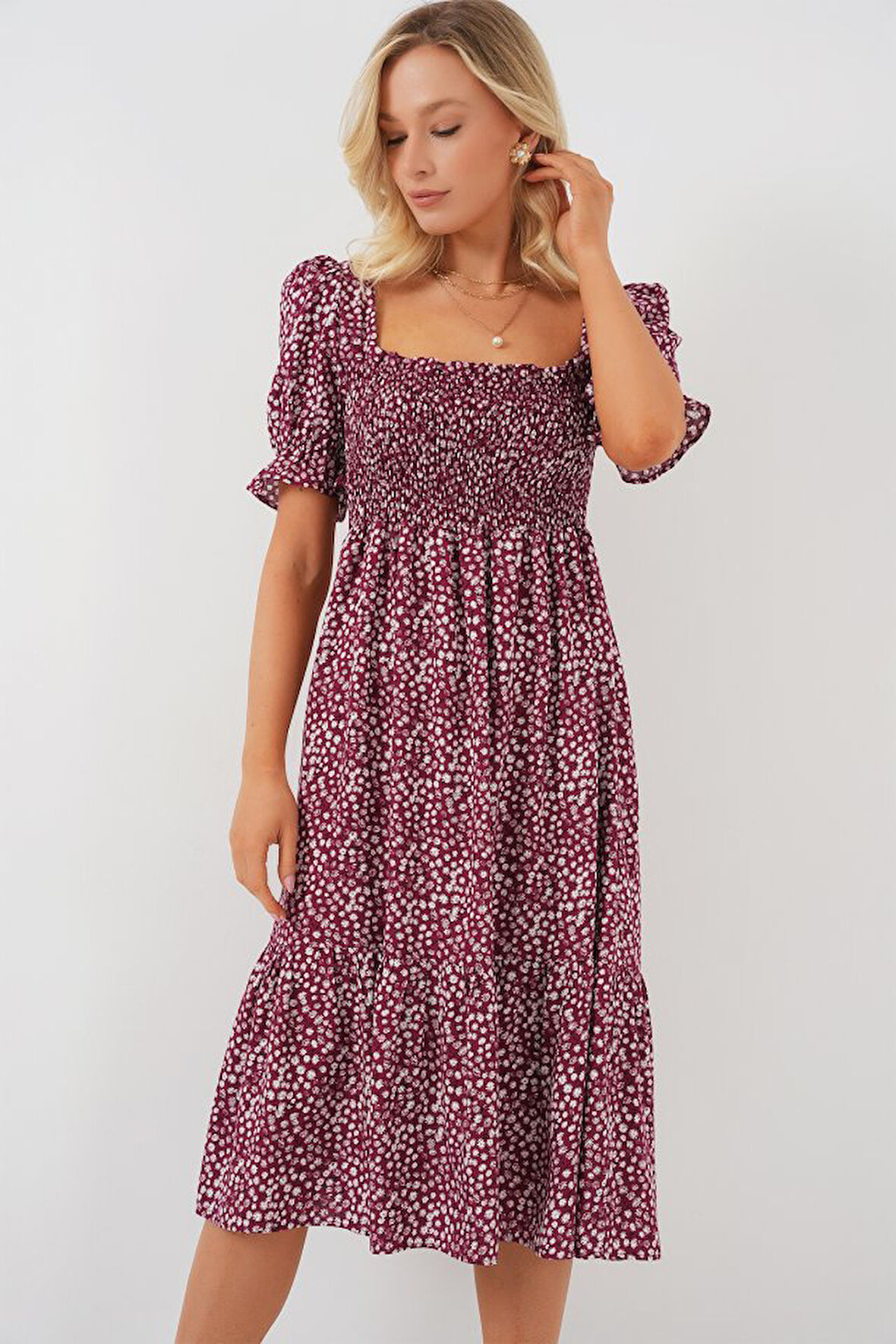 Yonca Moda Evi Kısa Kol Çiçekli Elbise 2556 - Bordo