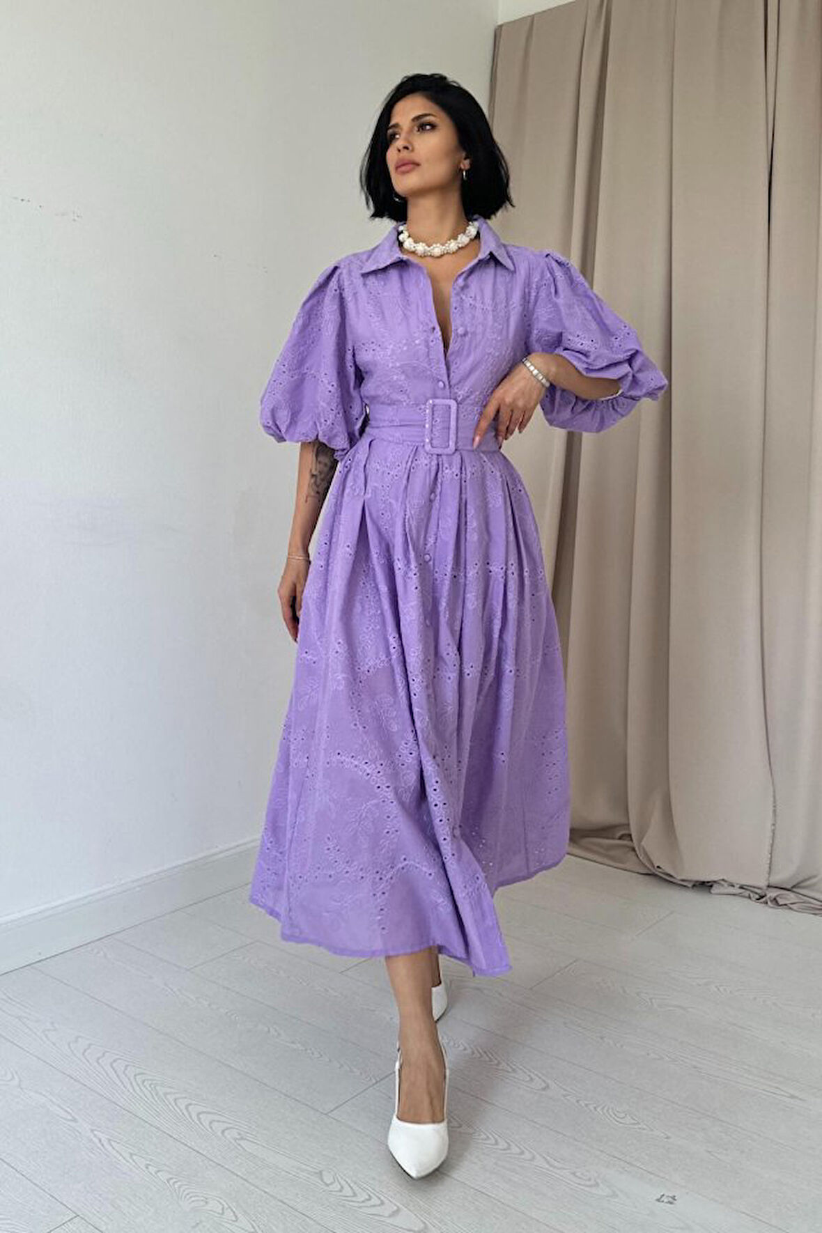 Yonca Moda Evi Lila Pileli Balkon Elbise