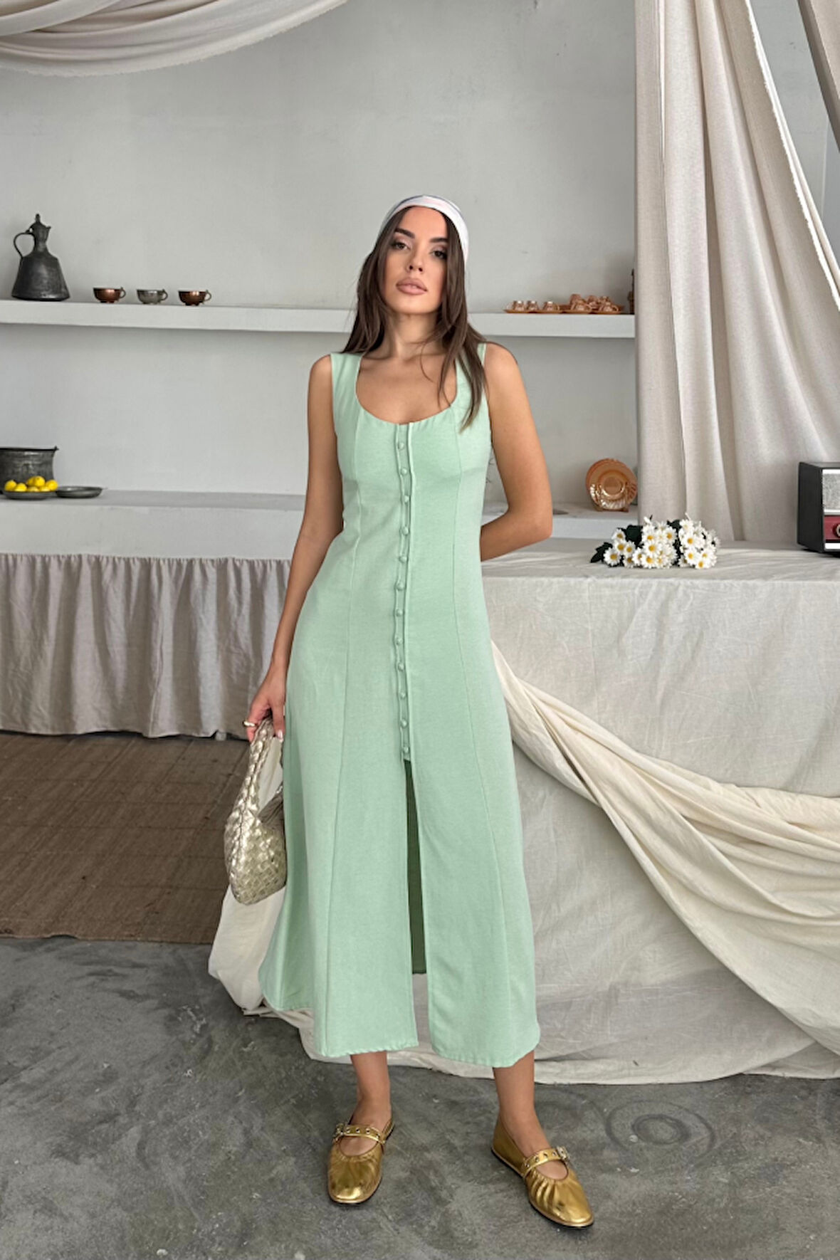 Yonca Moda Evi KETEN KOLSUZ KARE YAKA DÜĞME DETAYLI ELBİSE - Mint
