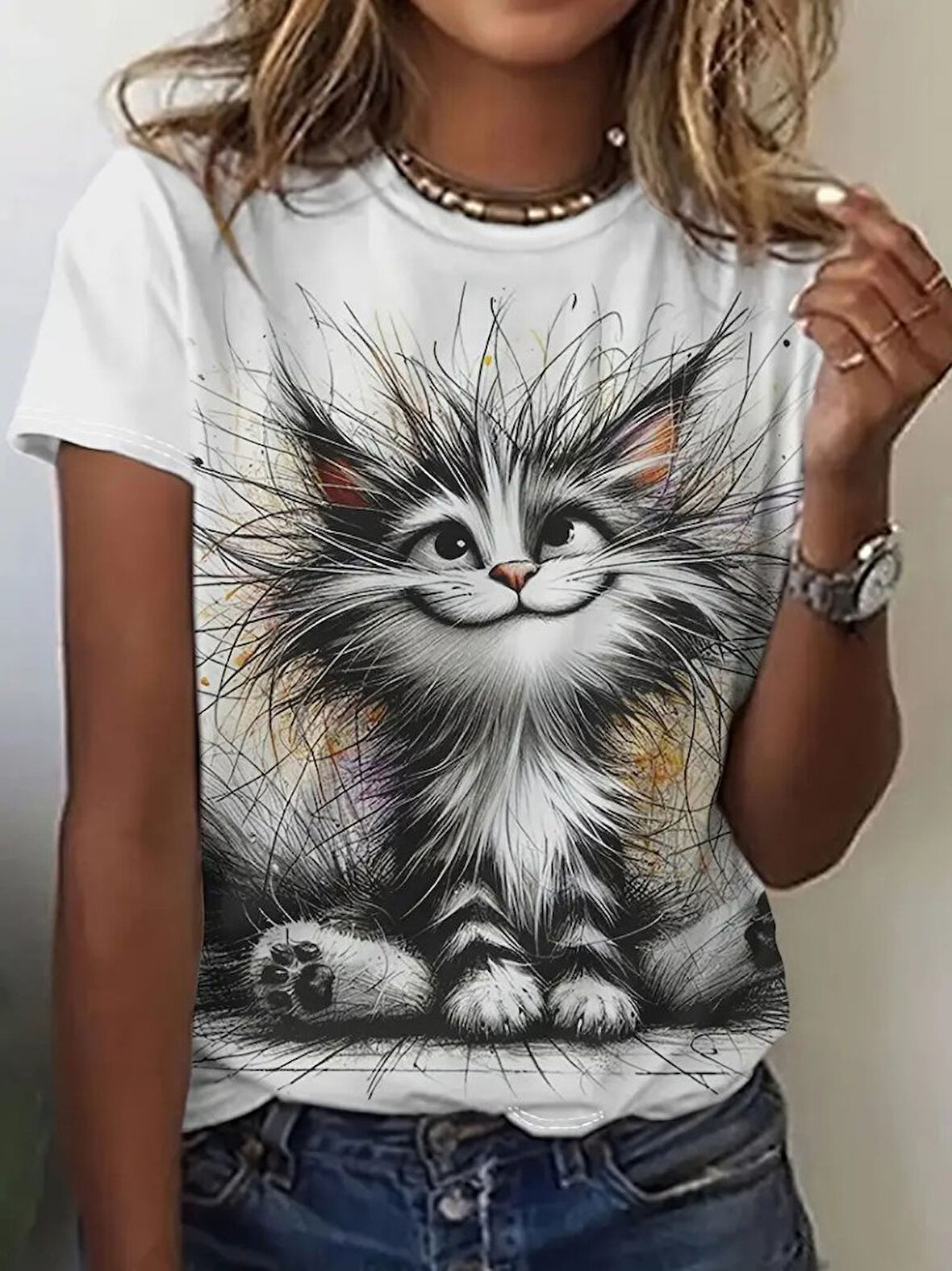 Yonca Moda Evi Kadın Kısa Kollu Bisiklet Yaka Kedi Baskılı Süprem Bluz