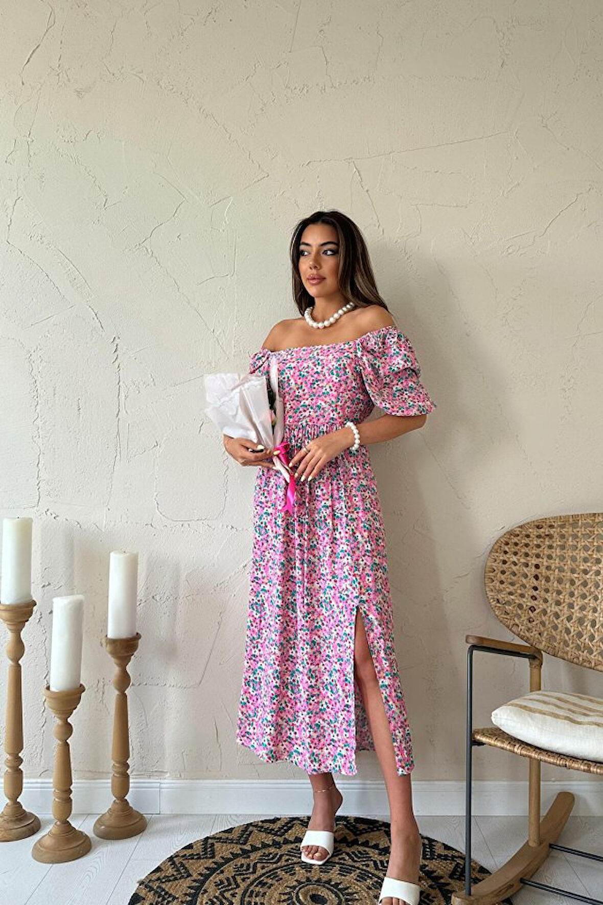 Yonca Moda Evi Fuşya Çiçek Desenli Elbise