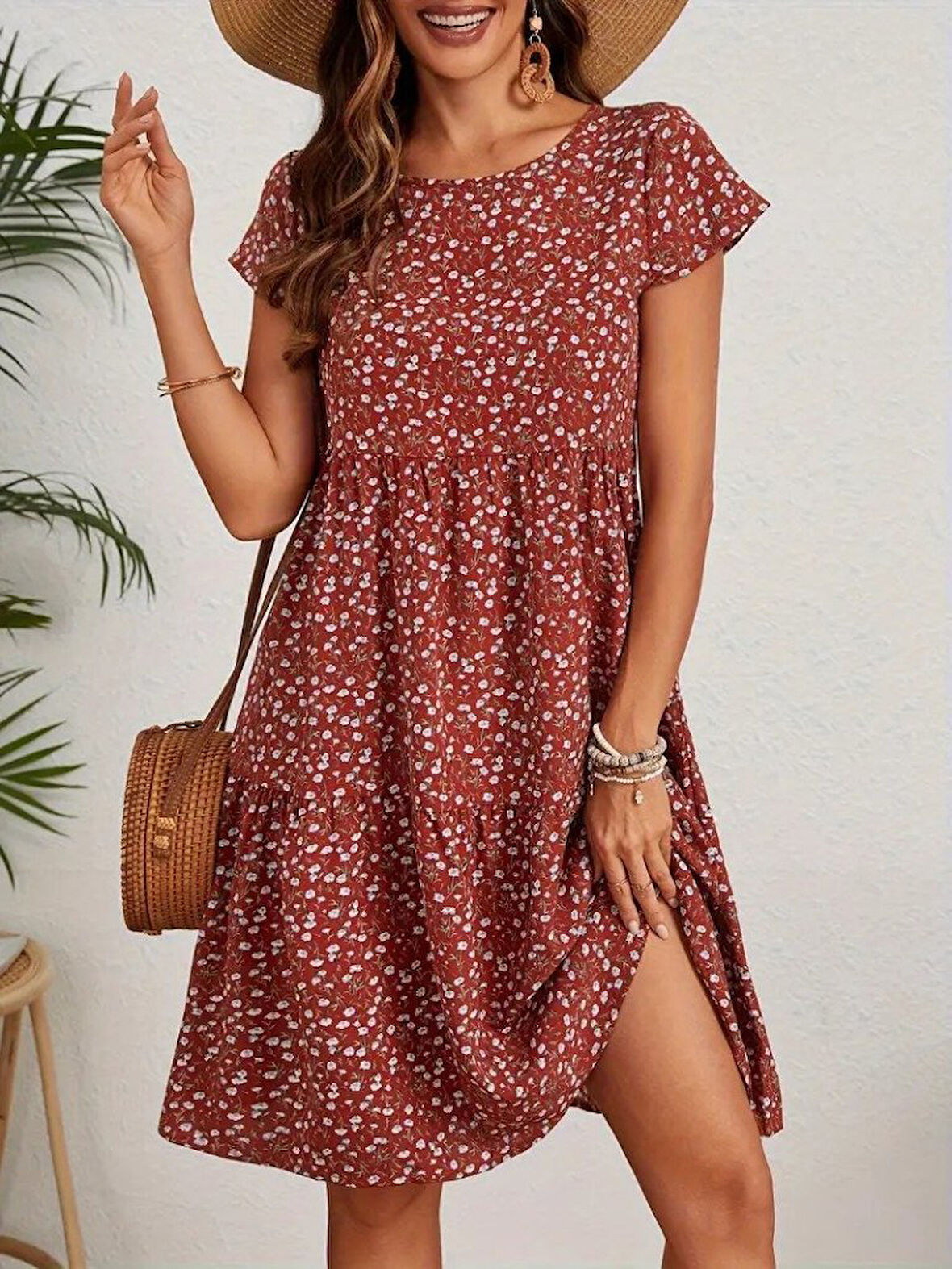 Yonca Moda Evi Kadın Kısa Kollu Bisiklet Yaka çiçek Desenli Süprem Elbise