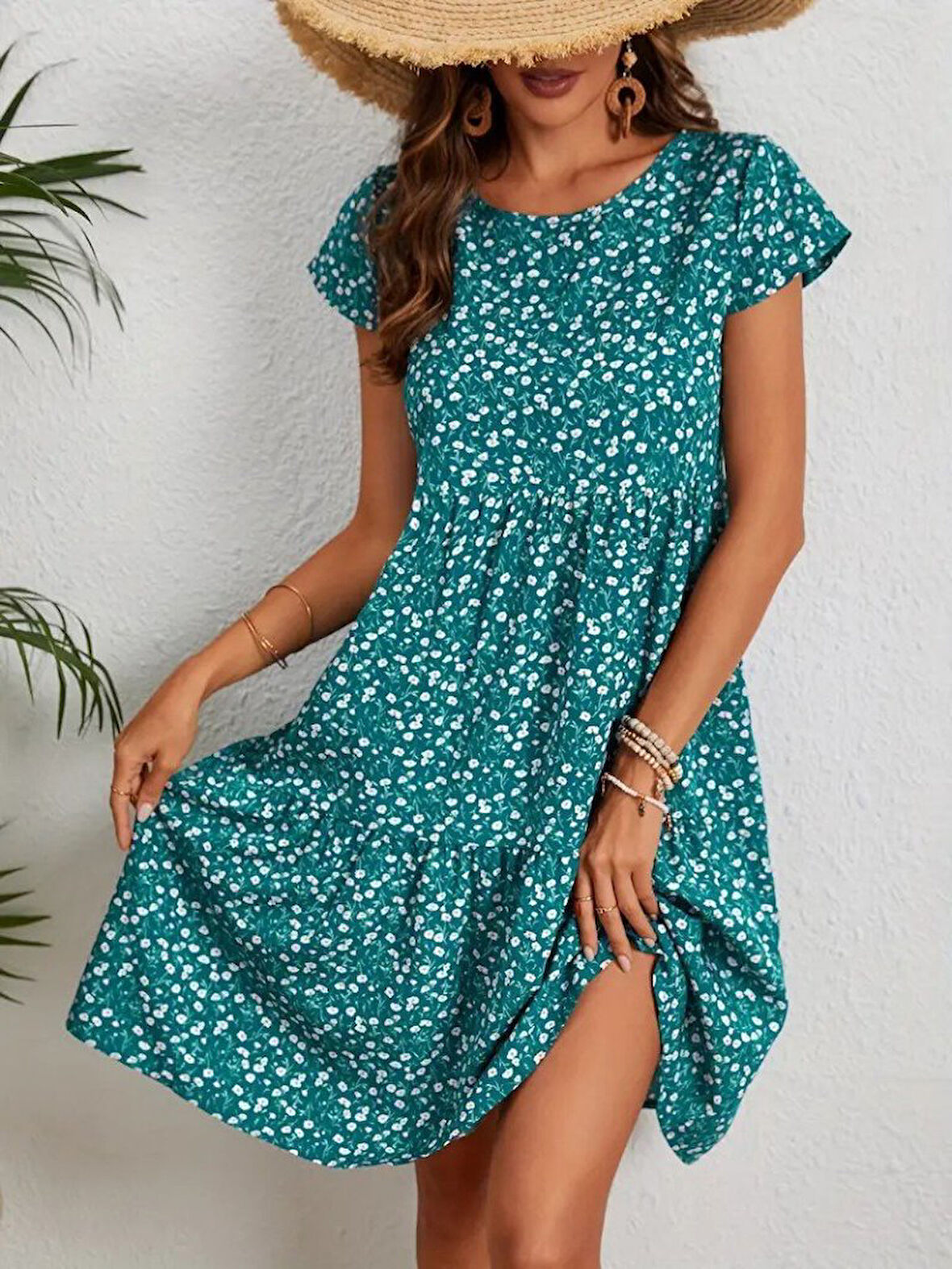 Yonca Moda Evi Kadın Kısa Kollu Bisiklet Yaka çiçek Desenli Süprem Elbise