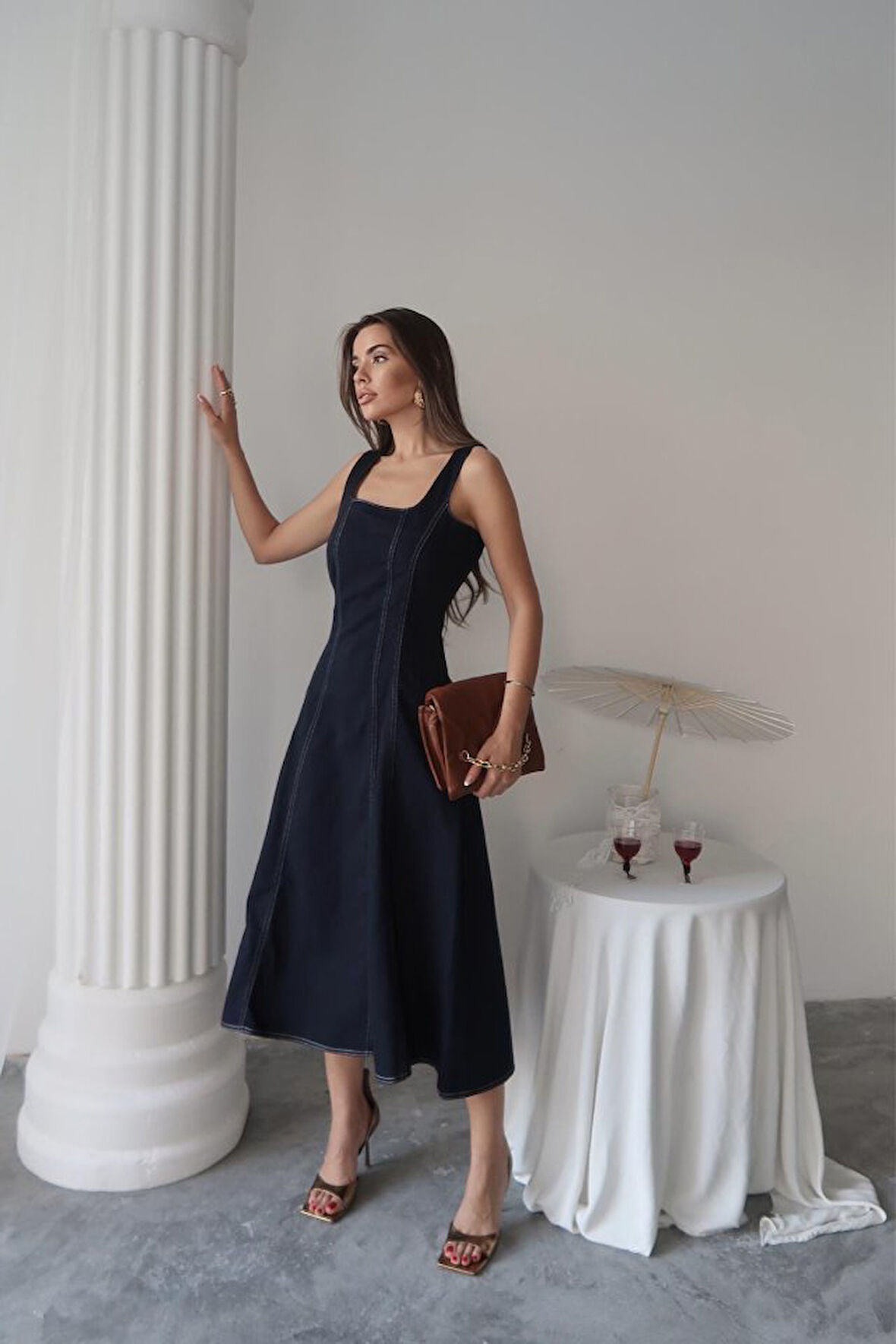 Yonca Moda Evi Lacivert Çift Dikişli Gabardin Elbise