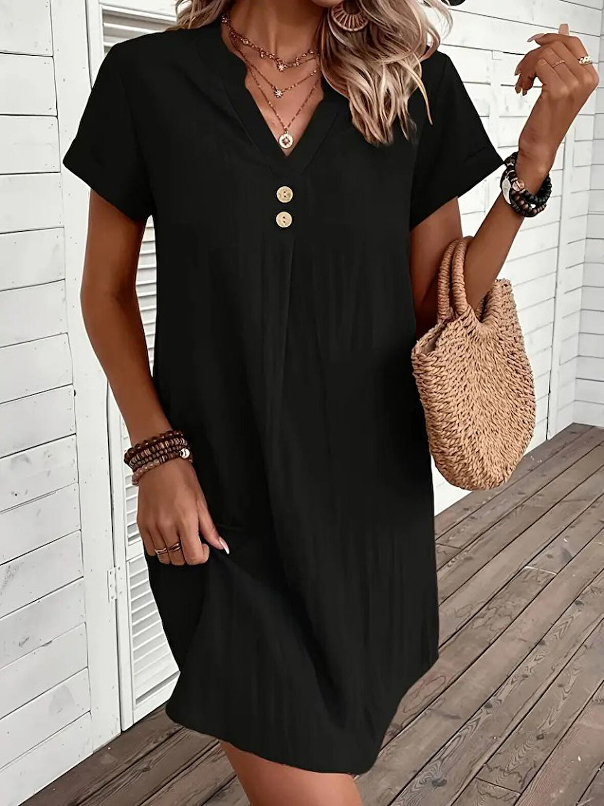 Yonca Moda Evi Kadın Kısa Kollu V Yakalı Düğmeli Müslim Kısa Elbise