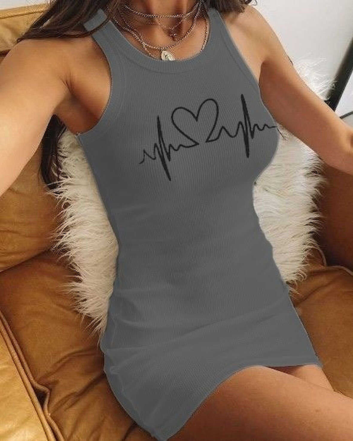 Yonca Moda Evi Ritim Kalp Baskılı Sıfır Kol Kaşkorse Elbise