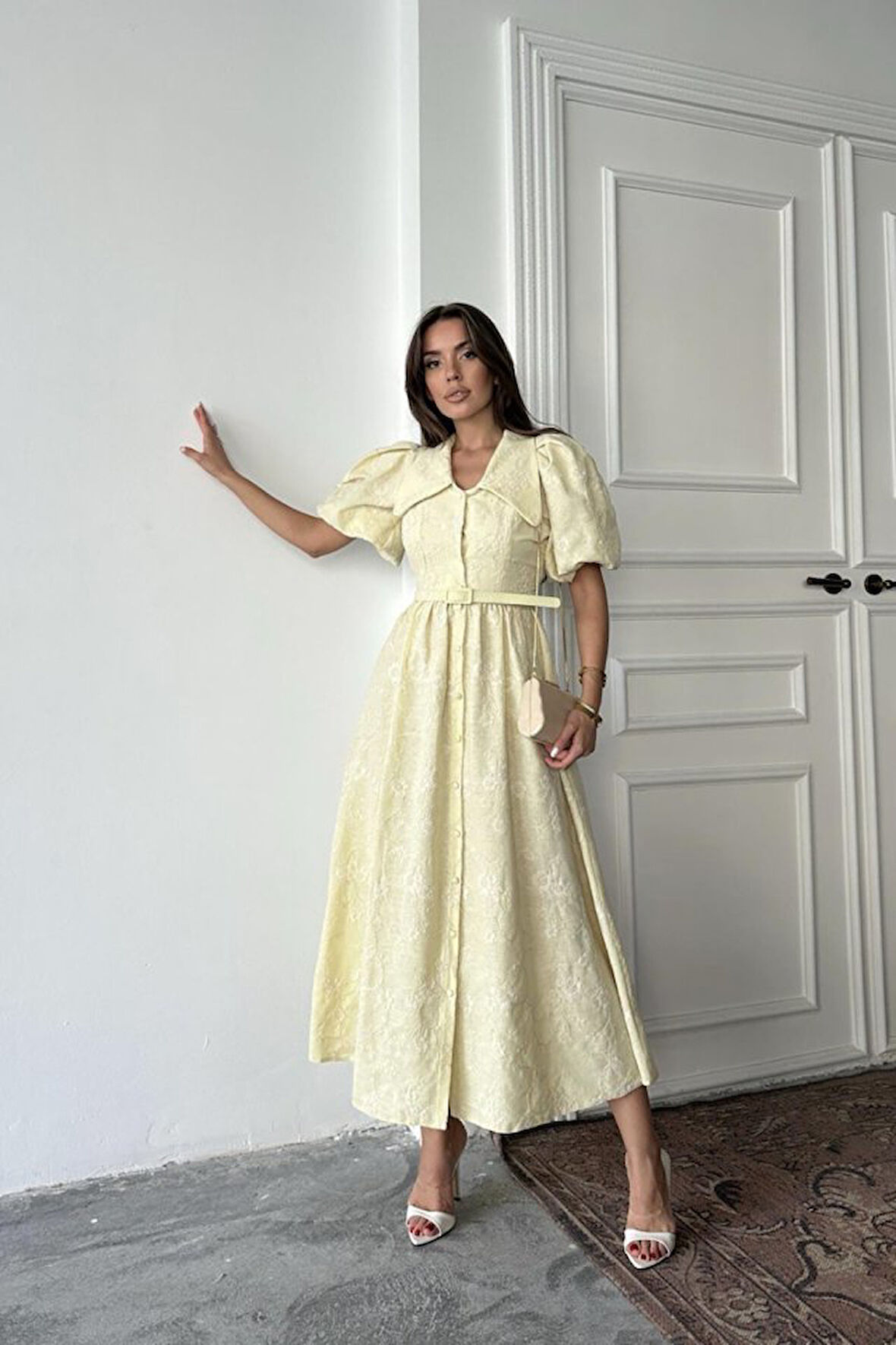 Yonca Moda Evi Sarı Bebe Yaka Balon Kollu Elbise