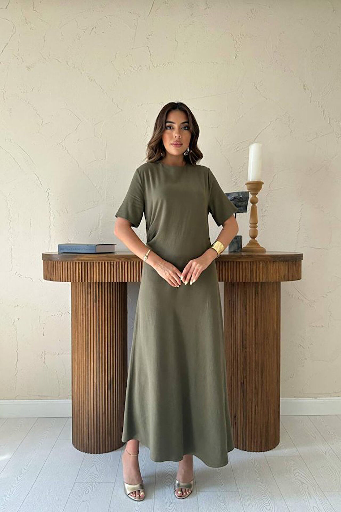 Yonca Moda Evi Haki Pileli Bisiklet Yaka Elbise