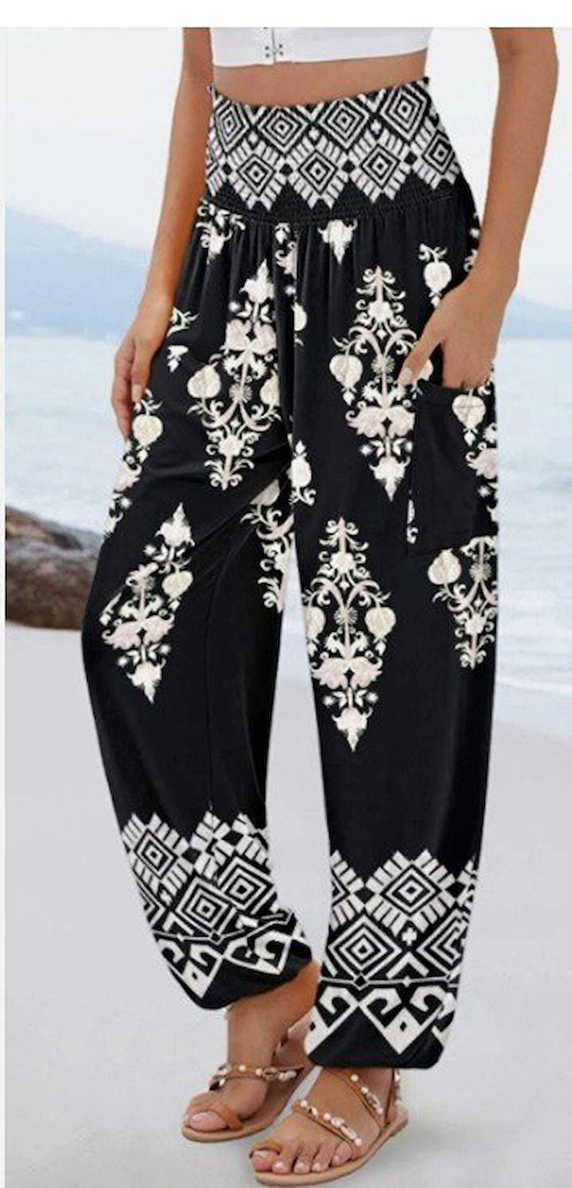 Yonca Moda Evi Kadın Yüksek Bel Desenli Lastikli Süprem Pantolon