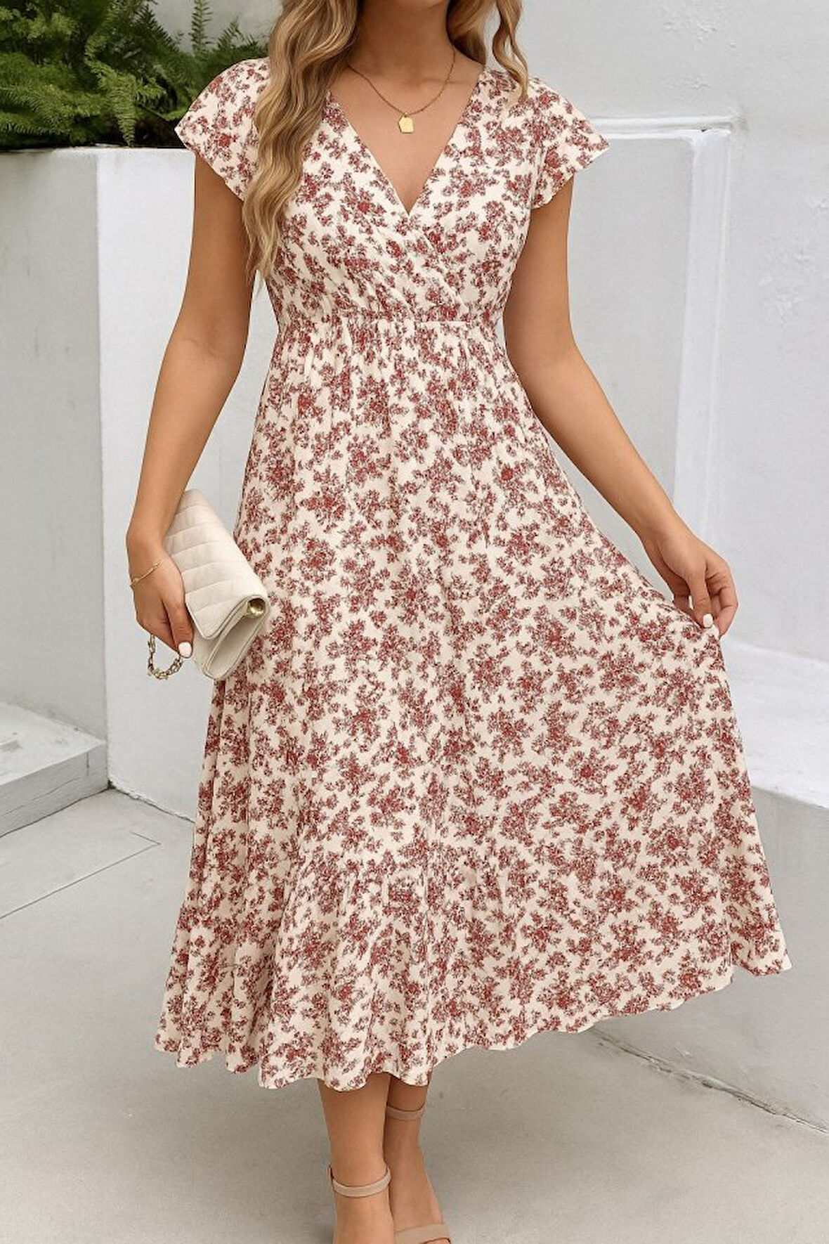 Yonca Moda Evi Kadın Kısa Kollu Kruvaze Yaka Beli Lastikli çiçek Desenli Elbise