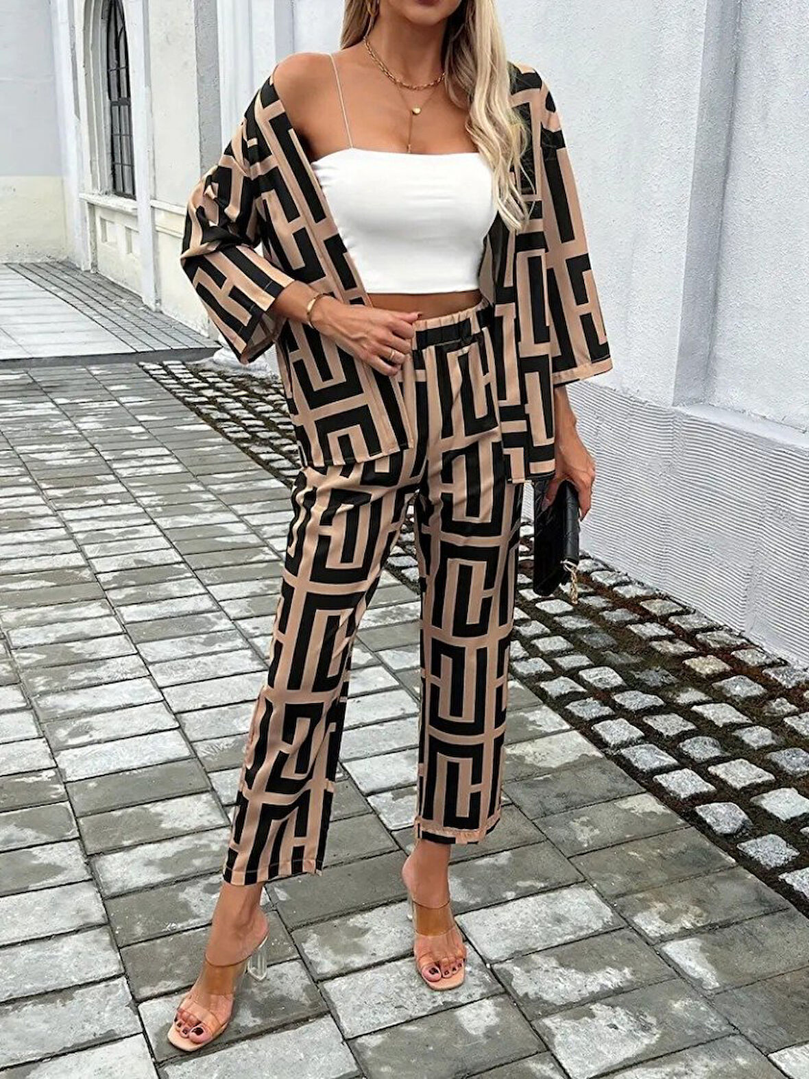 Yonca Moda Evi Kadın Uzun Kollu önü Açık Desenli Iki Iplik Ceket Ve Pantolon Ikili Takım