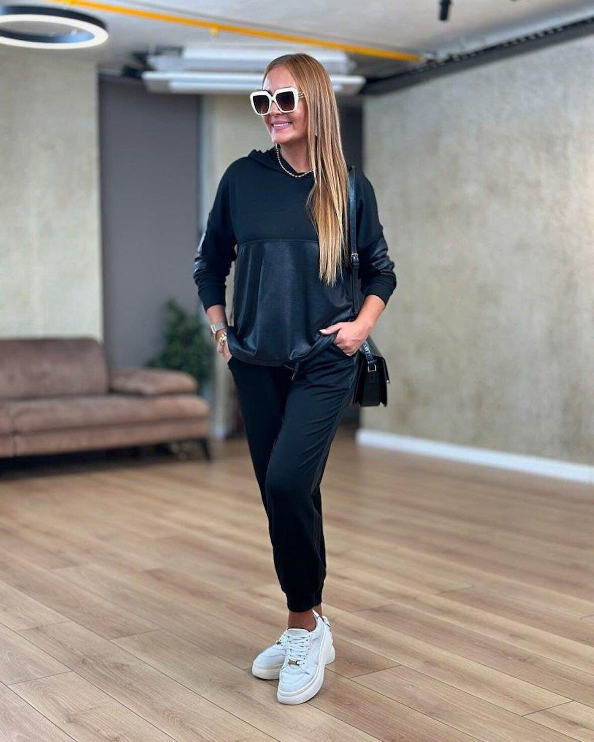 Yonca Moda Evi Kadın Uzun Kollu Kapşonlu Viskon Iki Iplik Bluz Ve Pantolon Ikili Takım