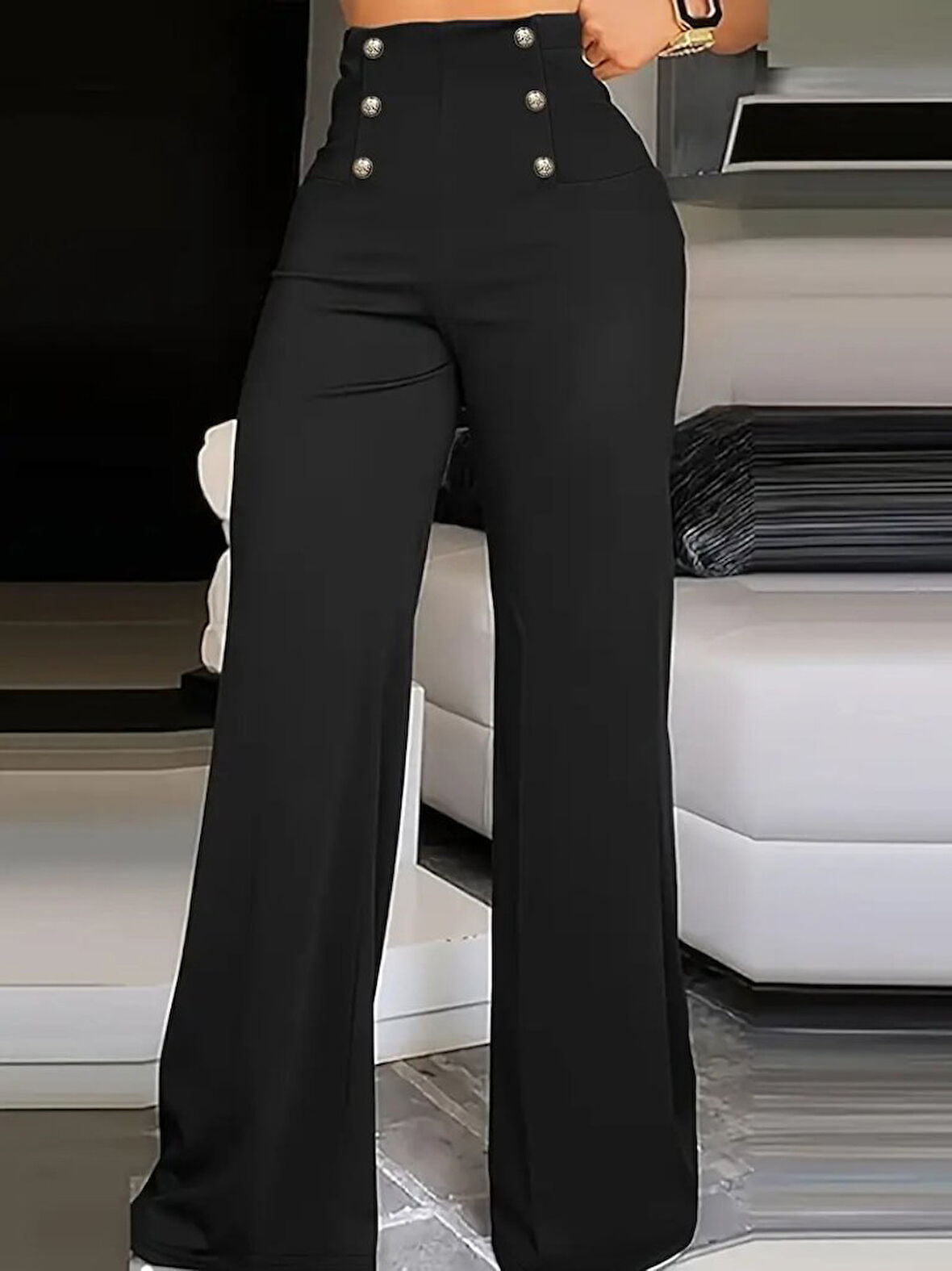 Yonca Moda Evi Kadın Yüksek Bel önden Düğmeli Uzun Paçaya Doğru Geniş Ithal Krep Pantolon