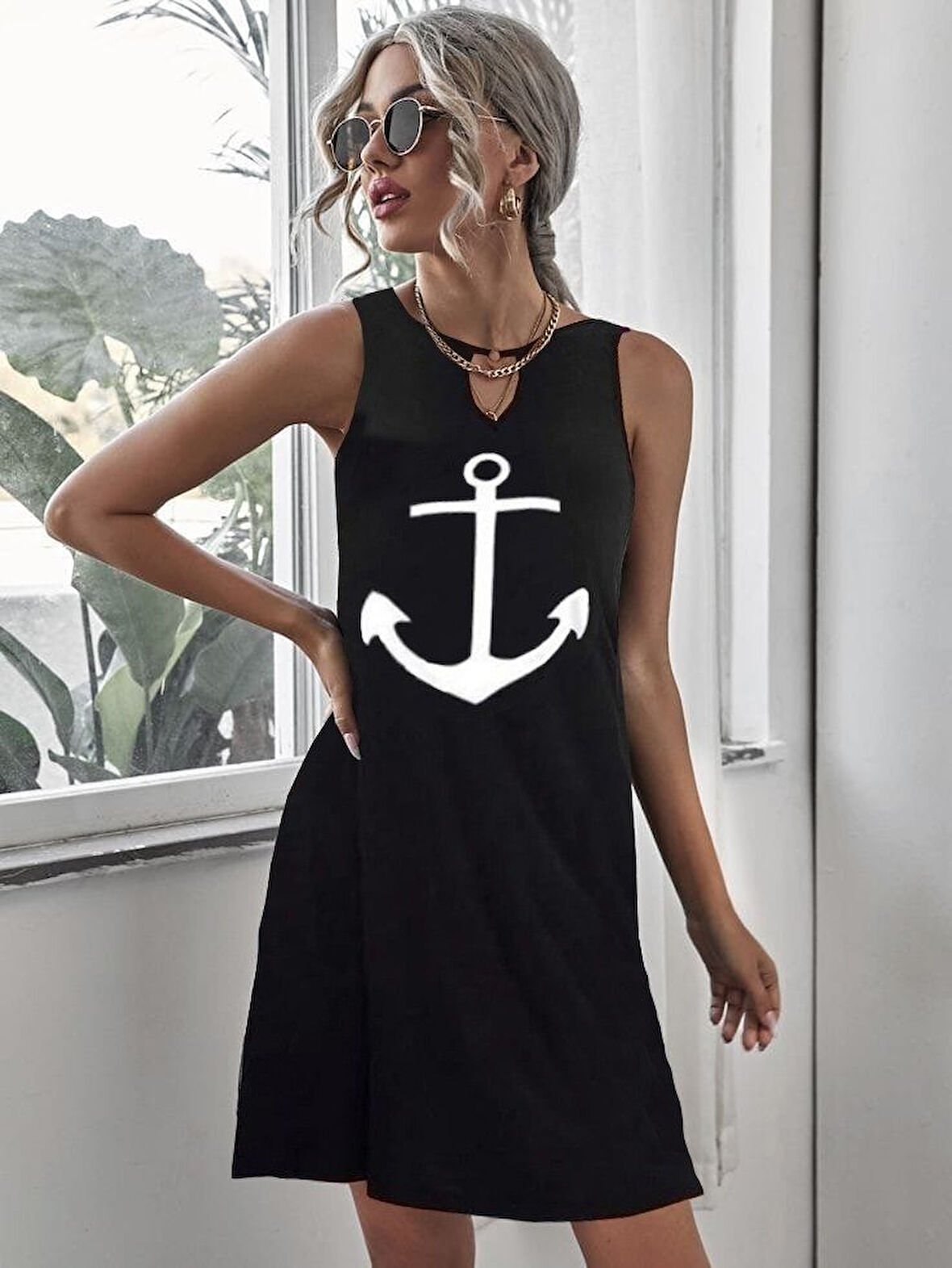 Yonca Moda Evi Kadın Kolsuz Halka Detay çıpa Baskılı Viskon Elbise