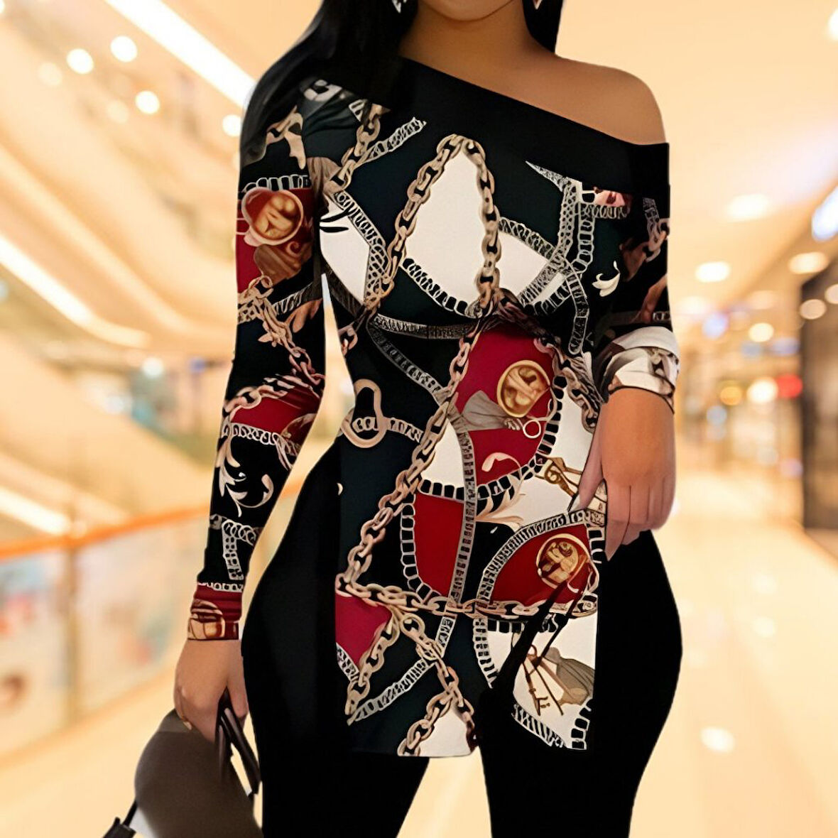 Yonca Moda Evi Kadın Uzun Kollu Zincir Desen Tek Omuz Düşük Mikro Bluz