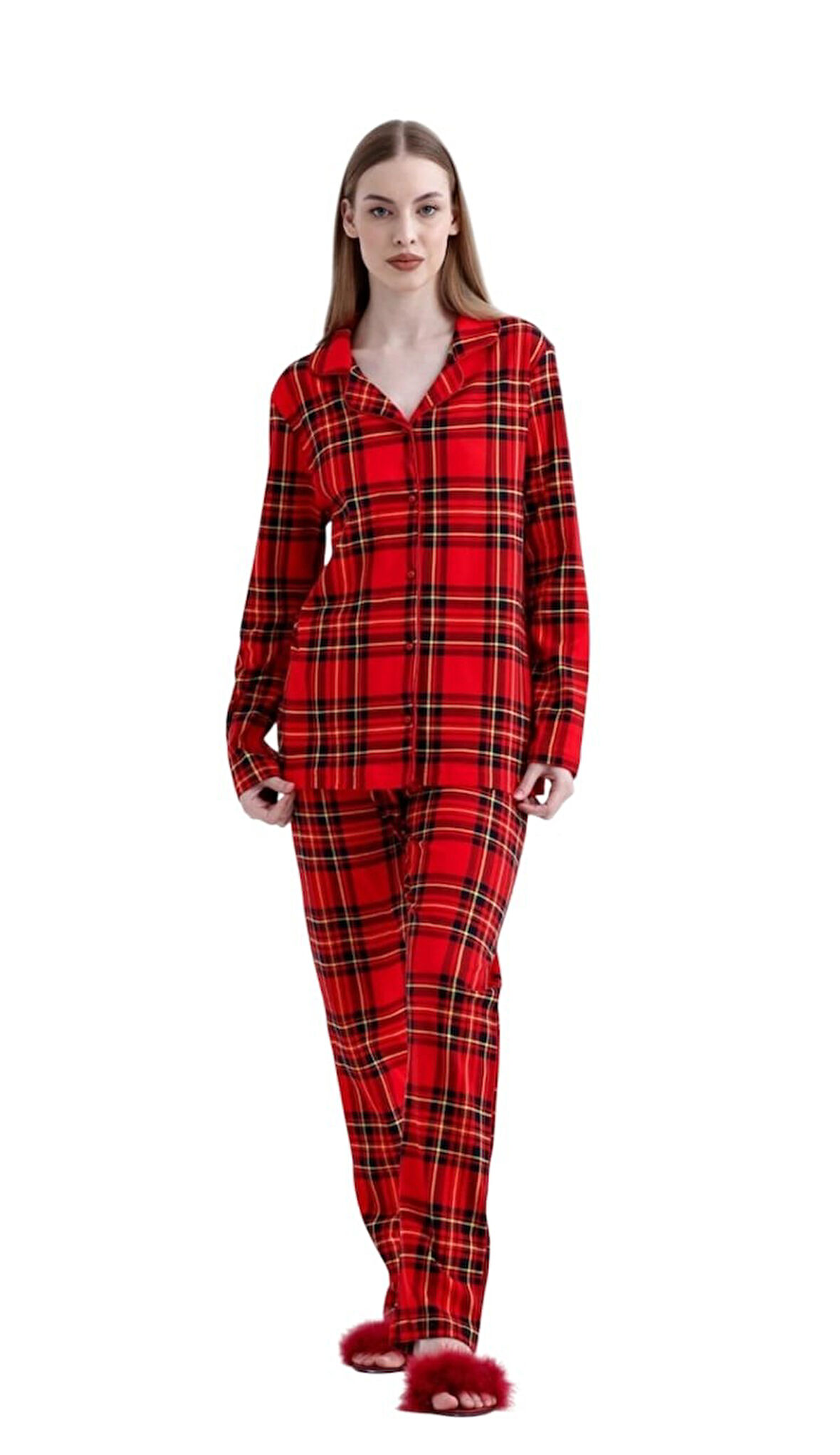 Kadın Kırmızı Ekose Pamuk Pijama Takım