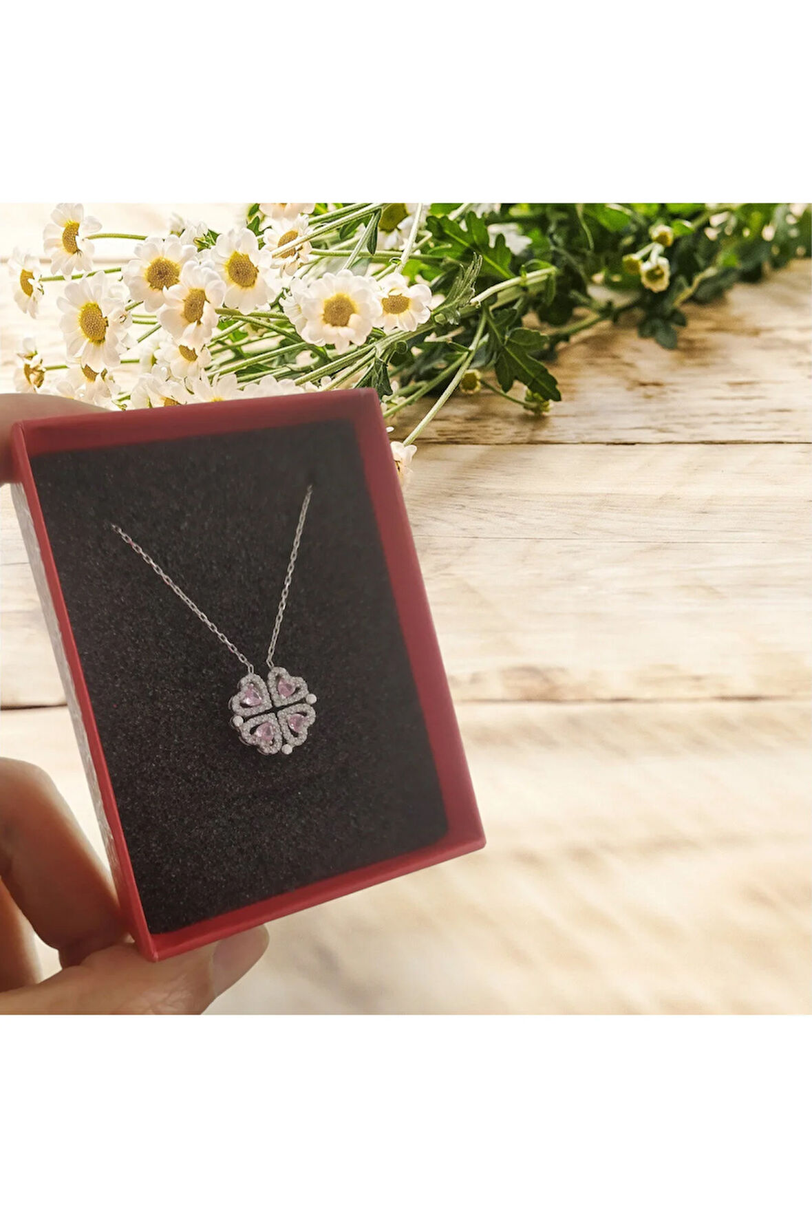 Modahilye 925 Ayar Gümüş Mıknatıslı Yonca Kalp Şans Kolyesi