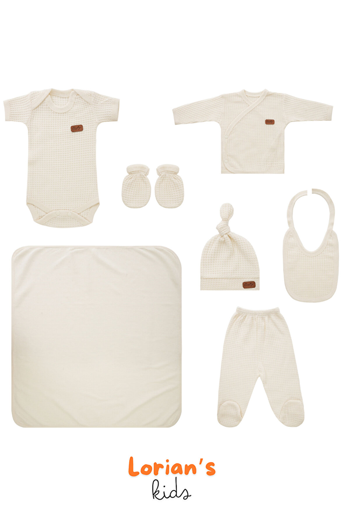 Yeni doğan Petek Dokulu 7'li Battaniyeli Zıbın Takımı %100 Pamuklu Hastane Çıkışı- Krem