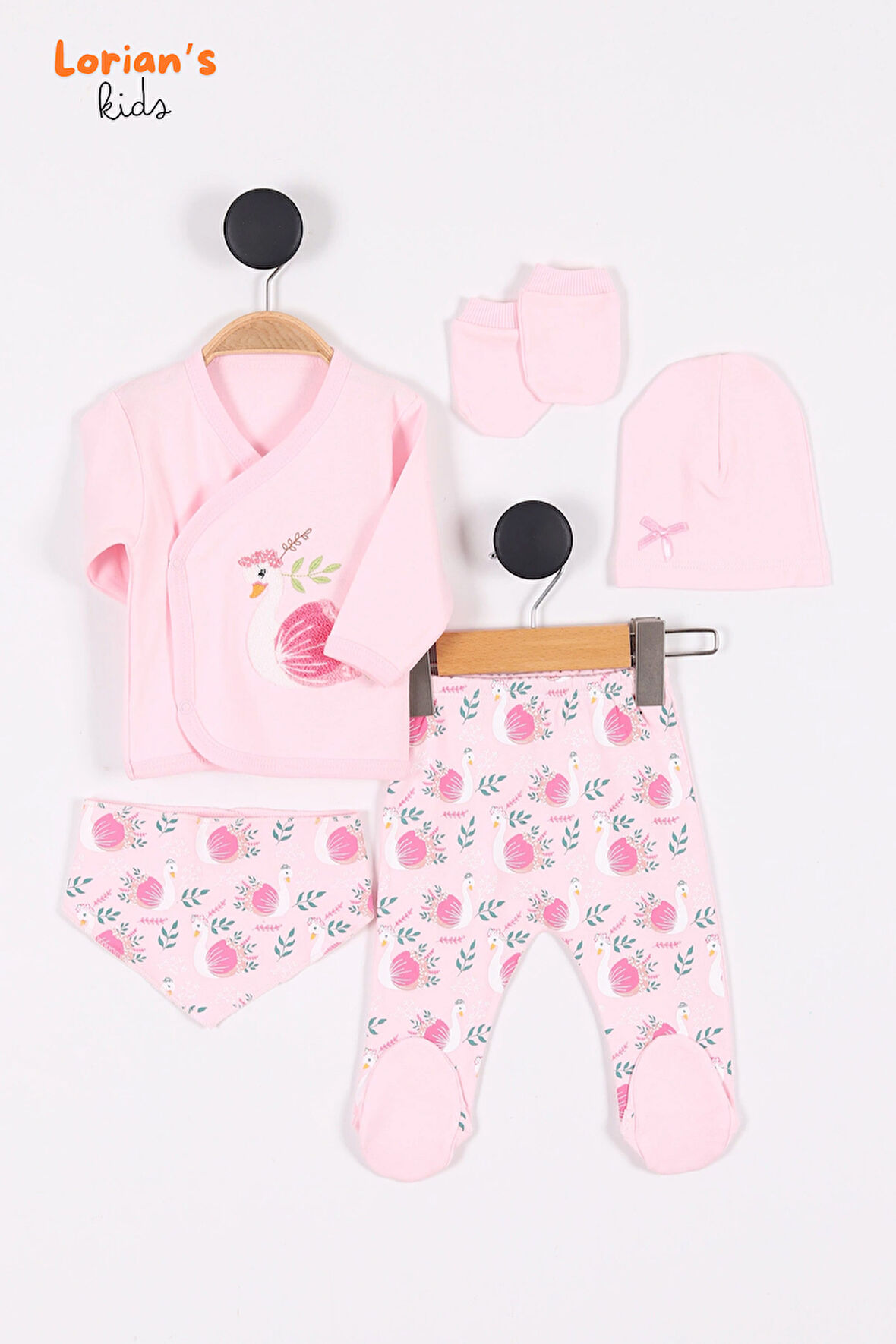 Doğal Pamuklu Yeni Doğan Kuğu Nakışlı Patikli Bebek 5'li Zıbın Takım - Hastane çıkışı - Pembe