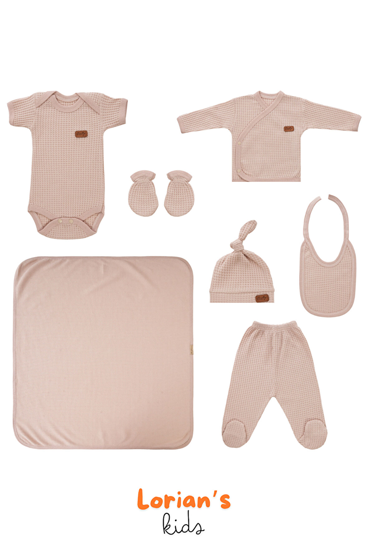 Yeni doğan Petek Dokulu 7'li Battaniyeli Zıbın Takımı %100 Pamuklu Hastane Çıkışı- Pudra