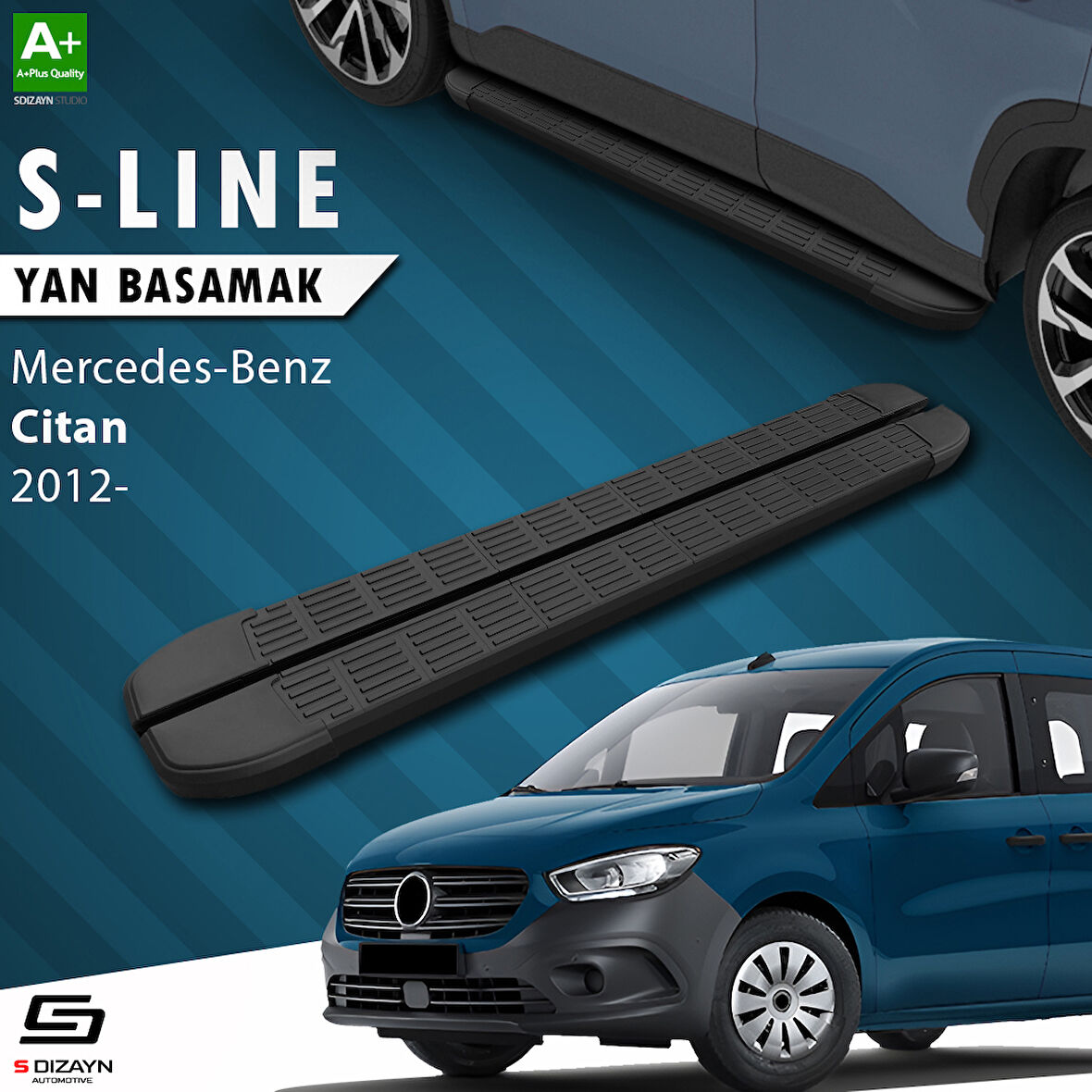 S-Dizayn Mercedes Citan Uzun Şase S-Line Siyah Yan Basamak 223 Cm 2012-2021 A+ Kalite