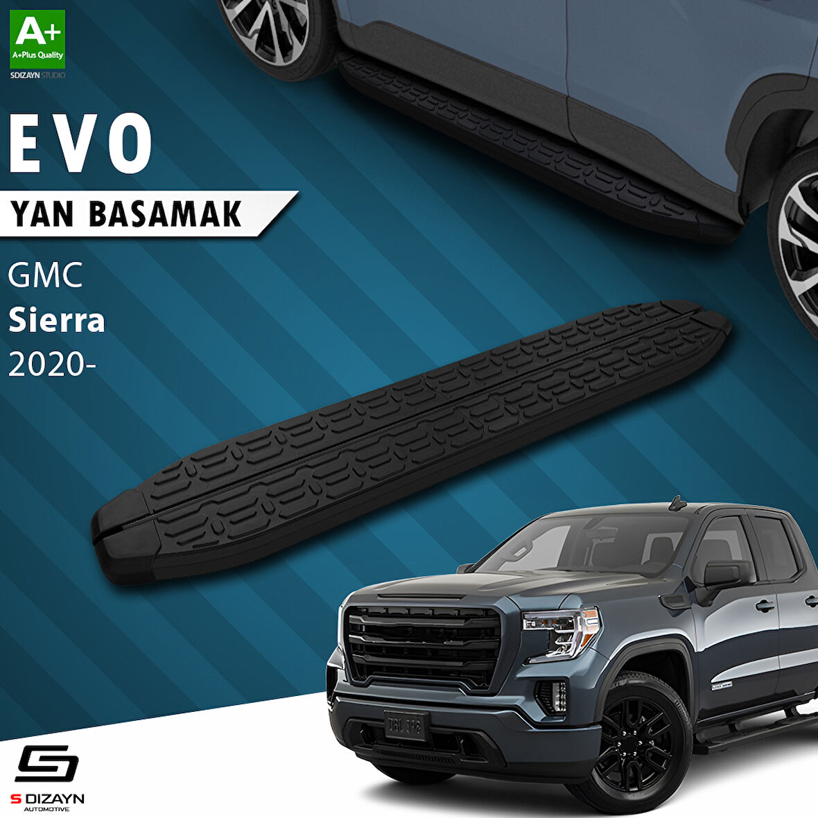 S-Dizayn GMC Sierra 5 Uzun Şase Evo Siyah Yan Basamak 253 Cm 2020 Üzeri A+ Kalite