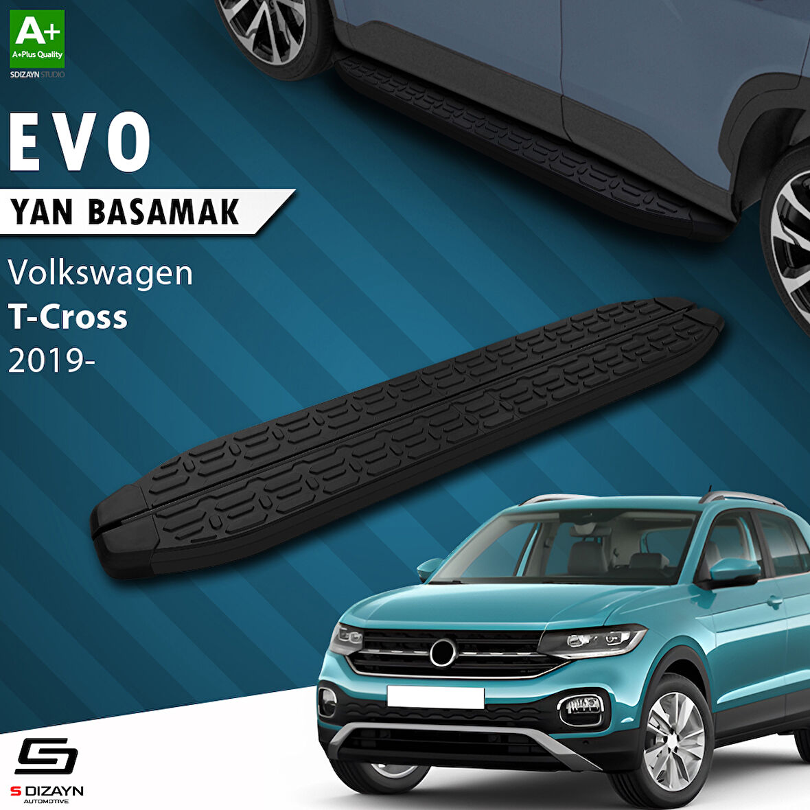 S-Dizayn VW T-Cross Evo Siyah Yan Basamak 173 Cm 2019-2023 A+ Kalite