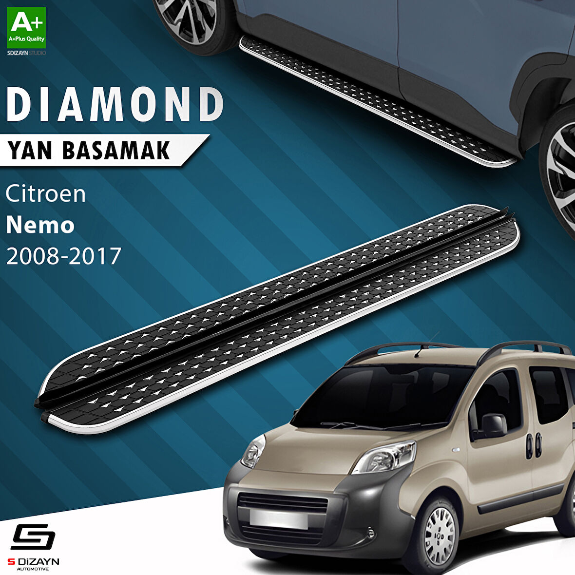 S-Dizayn Citroen Nemo Diamond Krom Yan Basamak 173 Cm 2008-2017 A+ Kalite