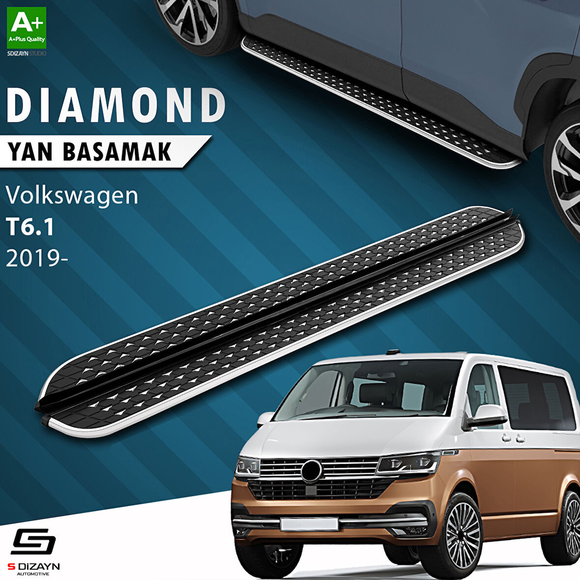 S-Dizayn VW Transporter T6.1 Kısa Şase Diamond Krom Yan Basamak 213 Cm 2019-2025 A+ Kalite