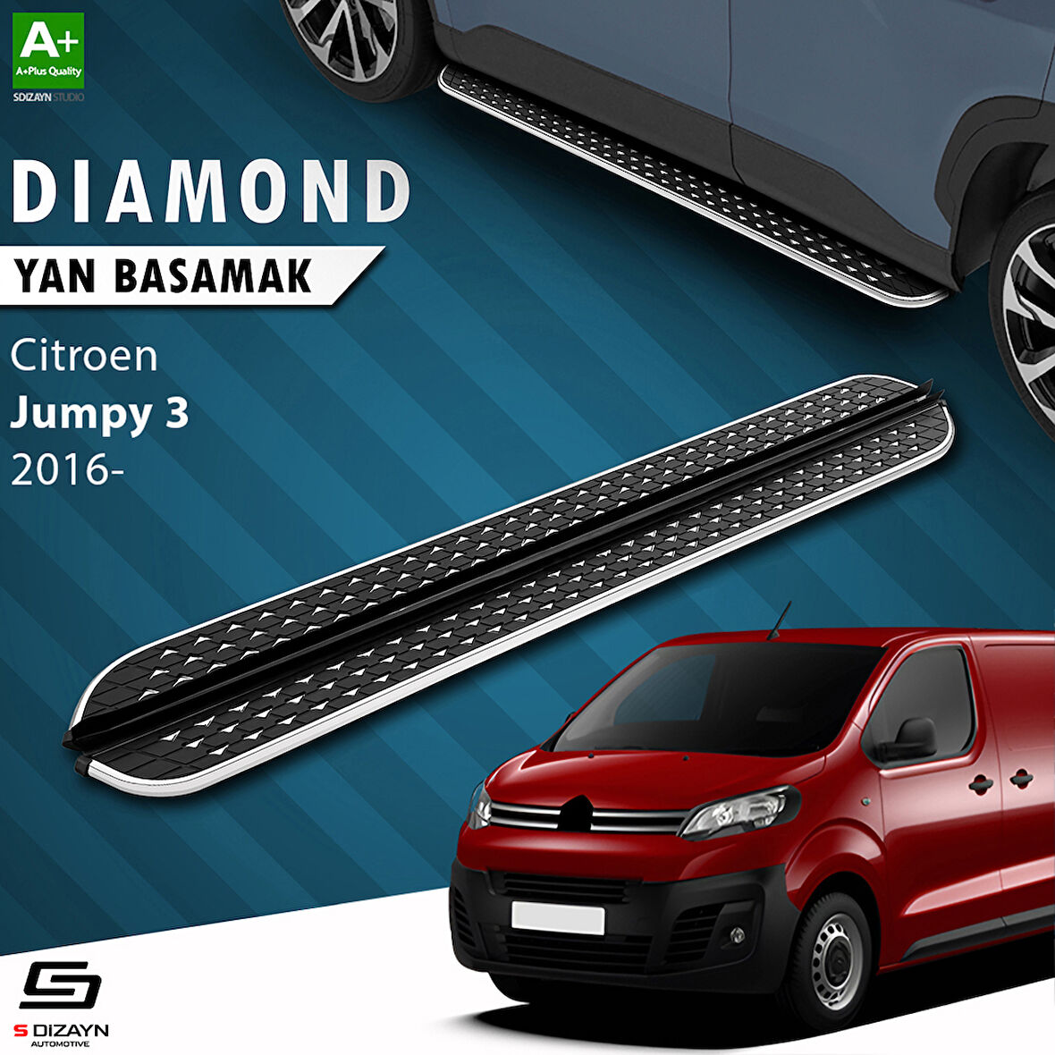 S-Dizayn Citroen Jumpy 3 Kısa Şase Diamond Krom Yan Basamak 213 Cm 2016 Üzeri A+ Kalite