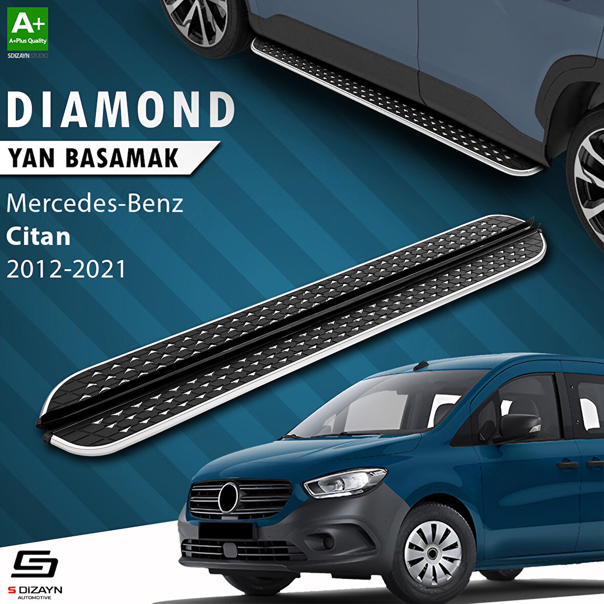 S-Dizayn Mercedes Citan Uzun Şase Diamond Krom Yan Basamak 223 Cm 2012-2021 A+ Kalite