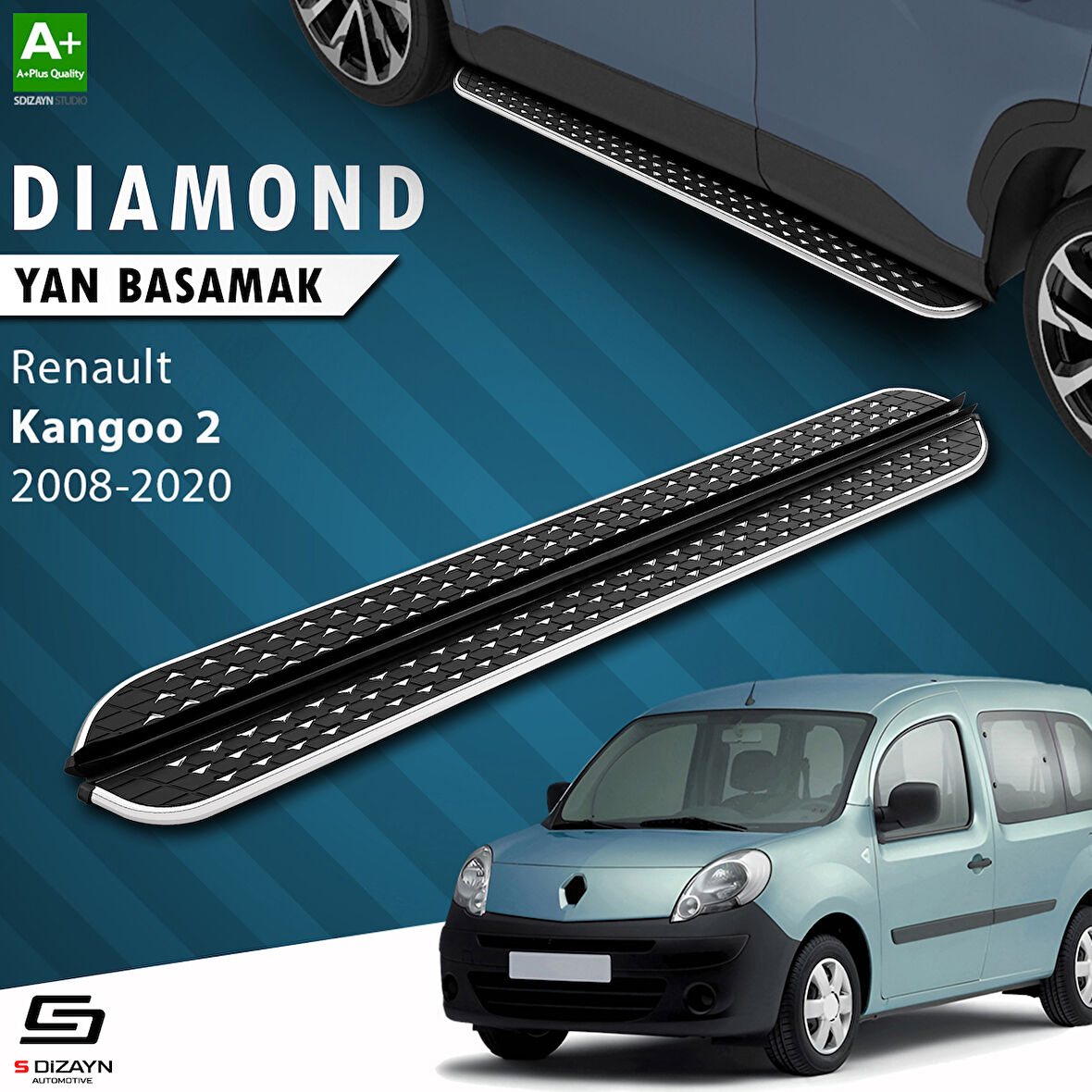 S-Dizayn Renault Kangoo 2 Uzun Şase Diamond Krom Yan Basamak 223 Cm 2008-2020 A+ Kalite