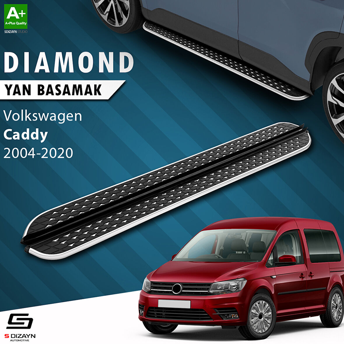 S-Dizayn VW Caddy 3 Uzun Şase Diamond Krom Yan Basamak 223 Cm 2004-2020 A+ Kalite