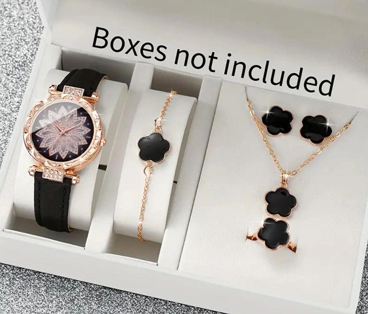 Kadın Siyah Çiçek Detaylı Kol Saati Takı Seti (KOLYE, KÜPE, YÜZÜK, BİLEKLİK) - Rose Gold" Kutusuz