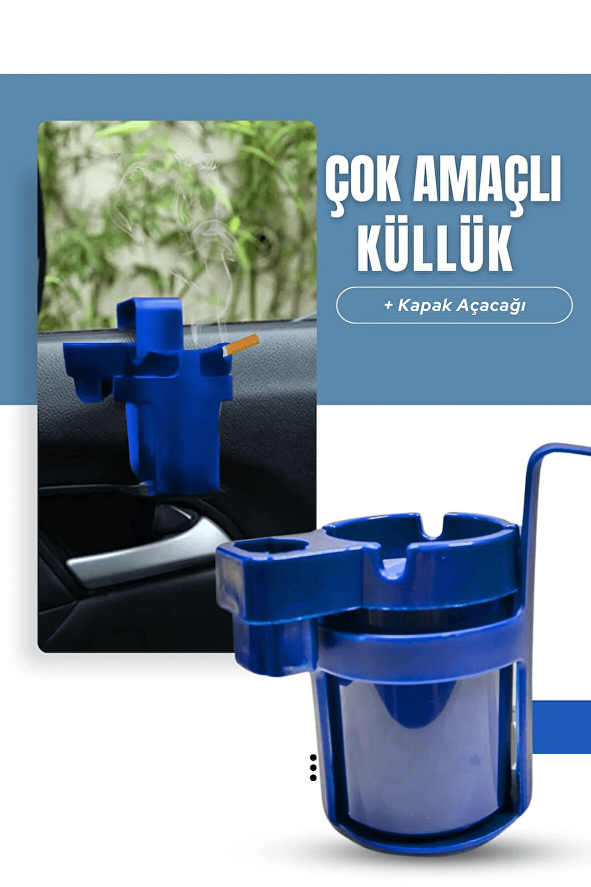 Mavi Araç içi Askılıklı Çakmaklık Bölmeli Soda Açacaklı Poşet Askılı Küllük